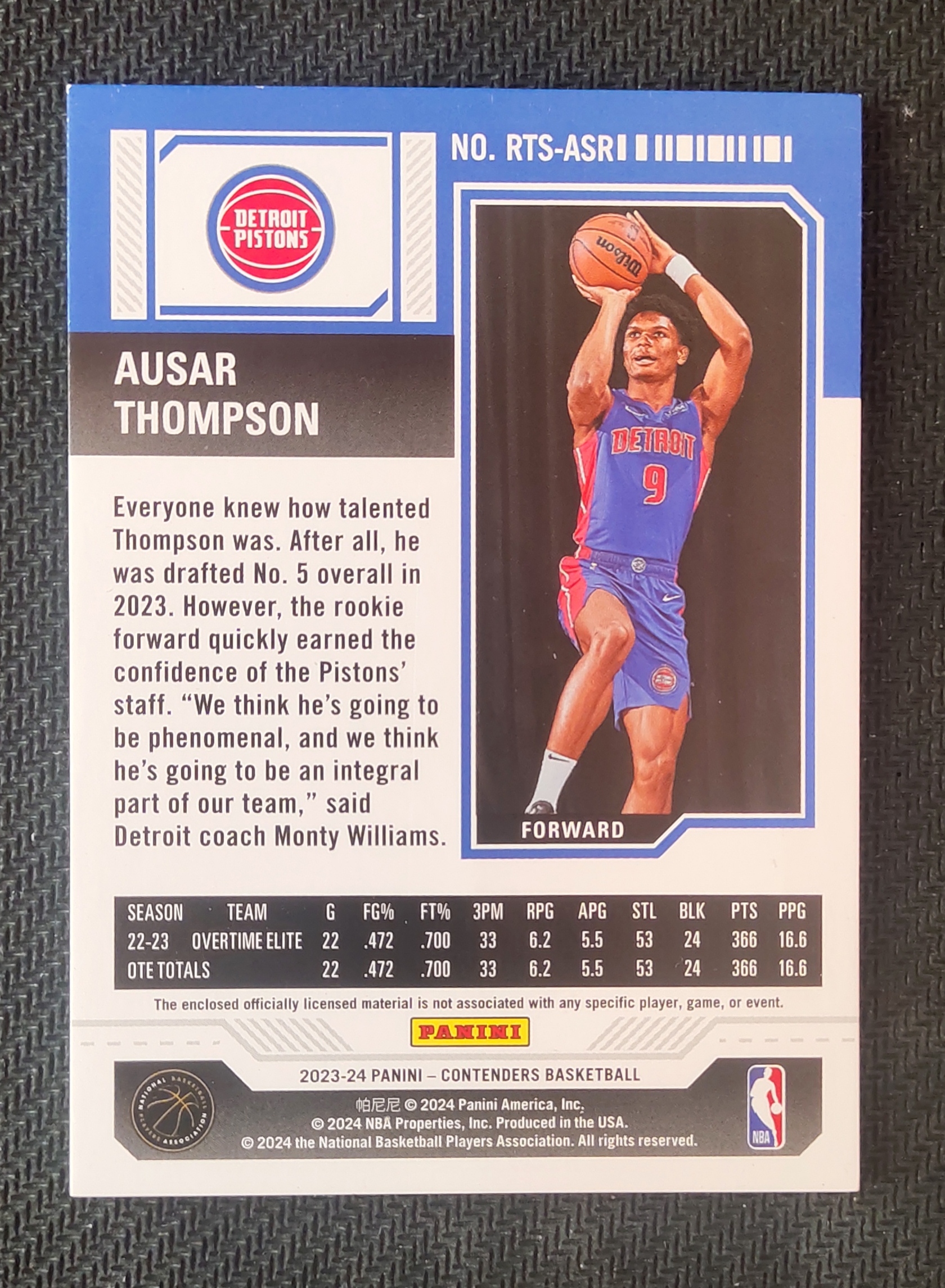 2023-24 Panini Contenders Ausar Thompson RC 奥萨尔 汤普森 活塞 新秀 球票 球衣 物料 切割 瑕疵如图