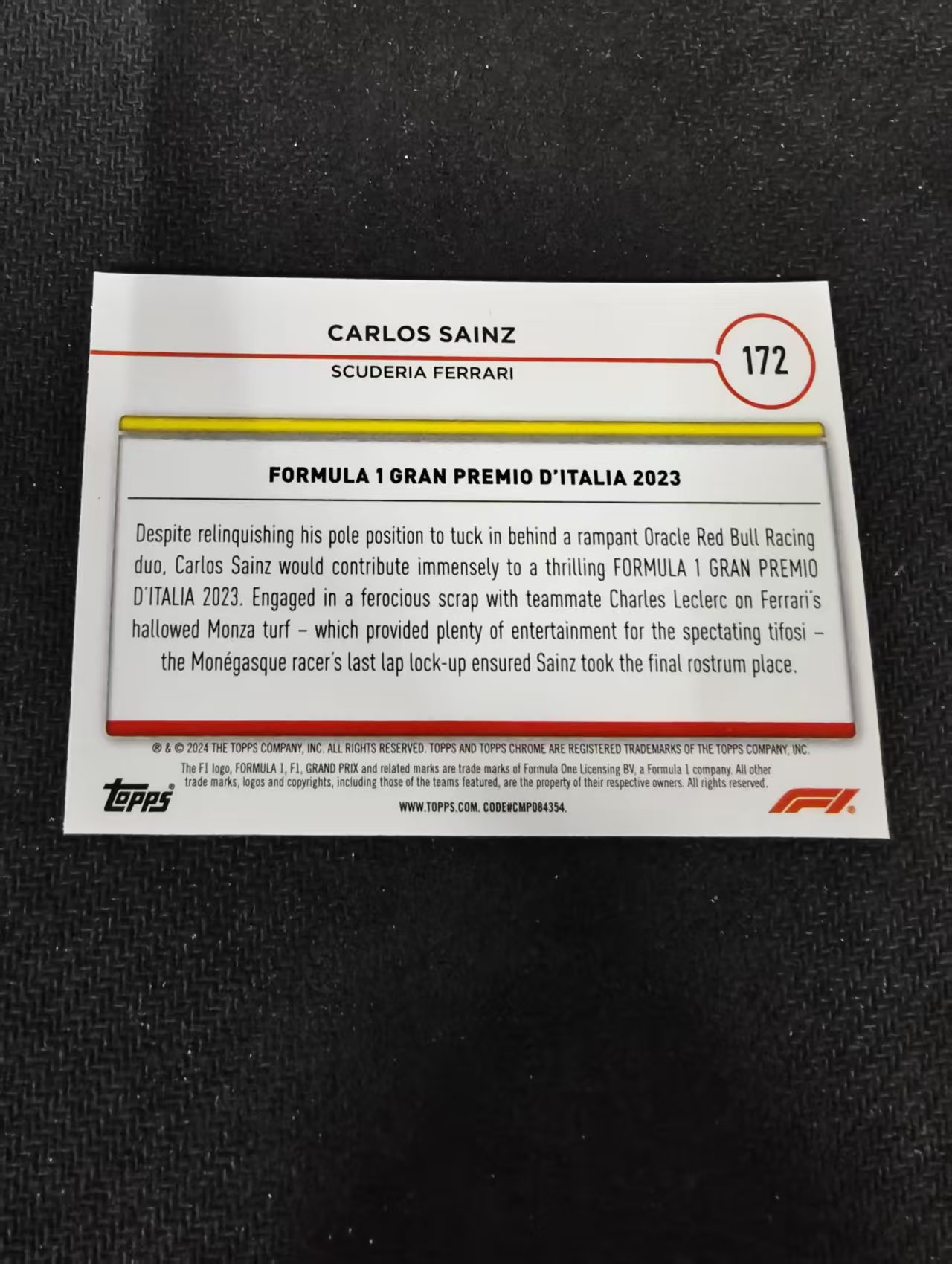 2024 Topps Chrome Carlos Sainz 卡洛斯 赛恩斯 法拉利车队 F1 划痕 边角瑕疵 #172