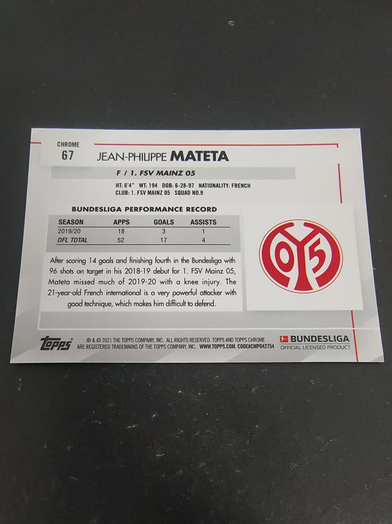 【可合并,不累计】2021 Topps Chrome Jean-Philippe Mateta 德甲TC 美因茨 马特塔 划痕 边角瑕疵 #67
