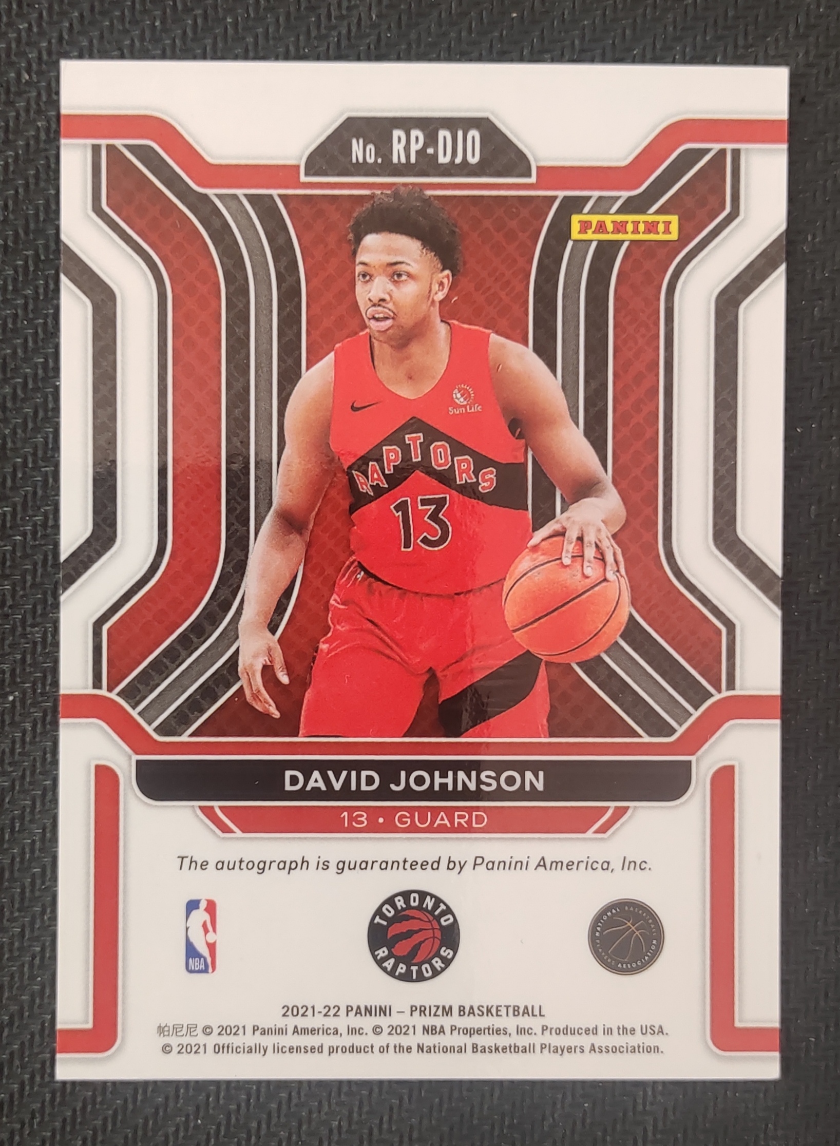 2021-22 Panini Prizm David Johnson RC 大卫 约翰逊 猛龙 新秀 签字 贴签 PZ 瑕疵如图