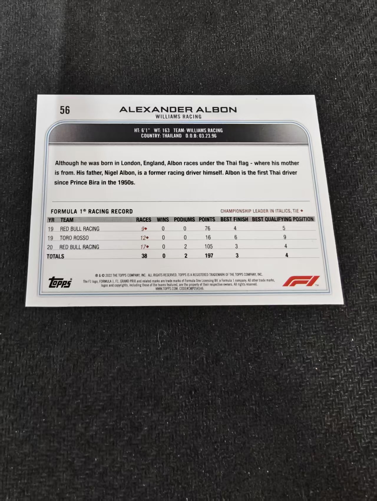 2022 Topps Chrome F1 Alexander Albon F1 威廉姆斯 亚历山大 阿尔本 划痕 边角瑕疵@56