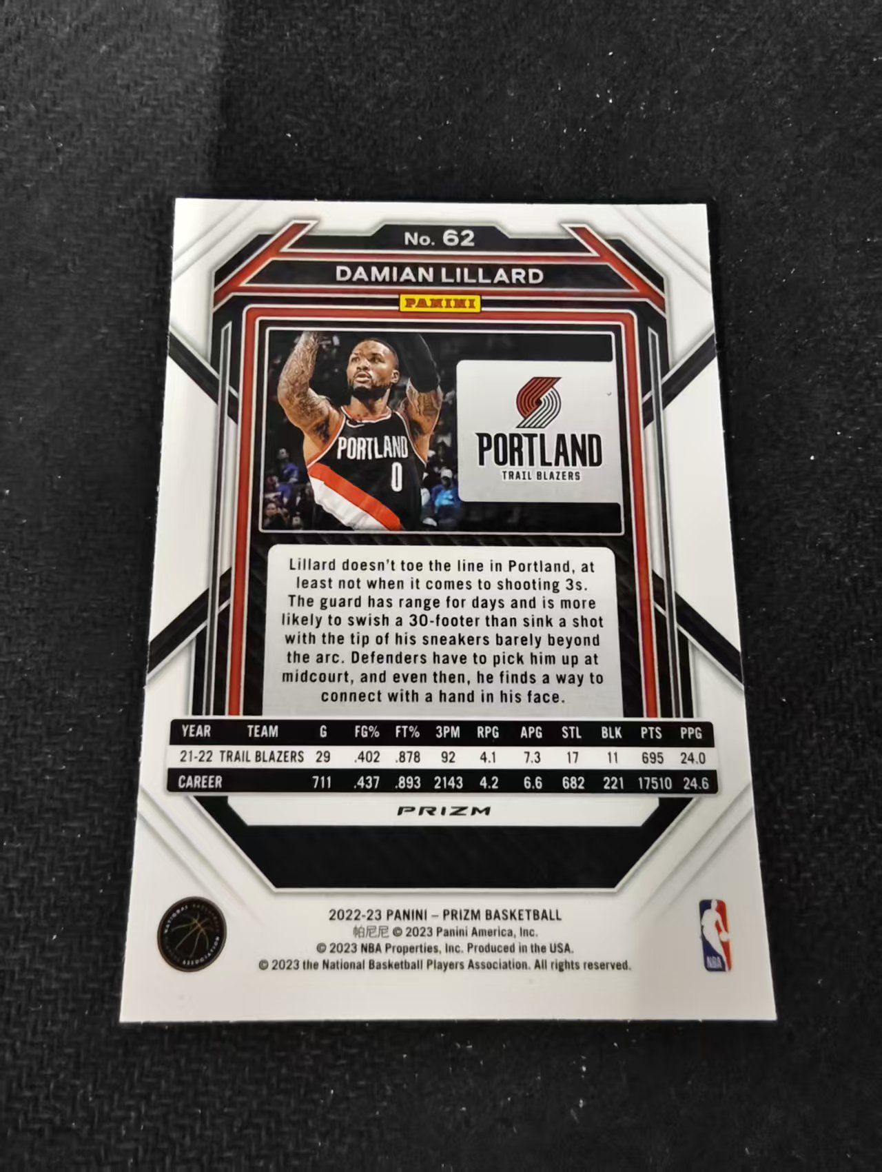 2022-23 Panini Prizm Damian Lillard 利拉德 开拓者 银折 PZ 划痕 边角瑕疵 #62
