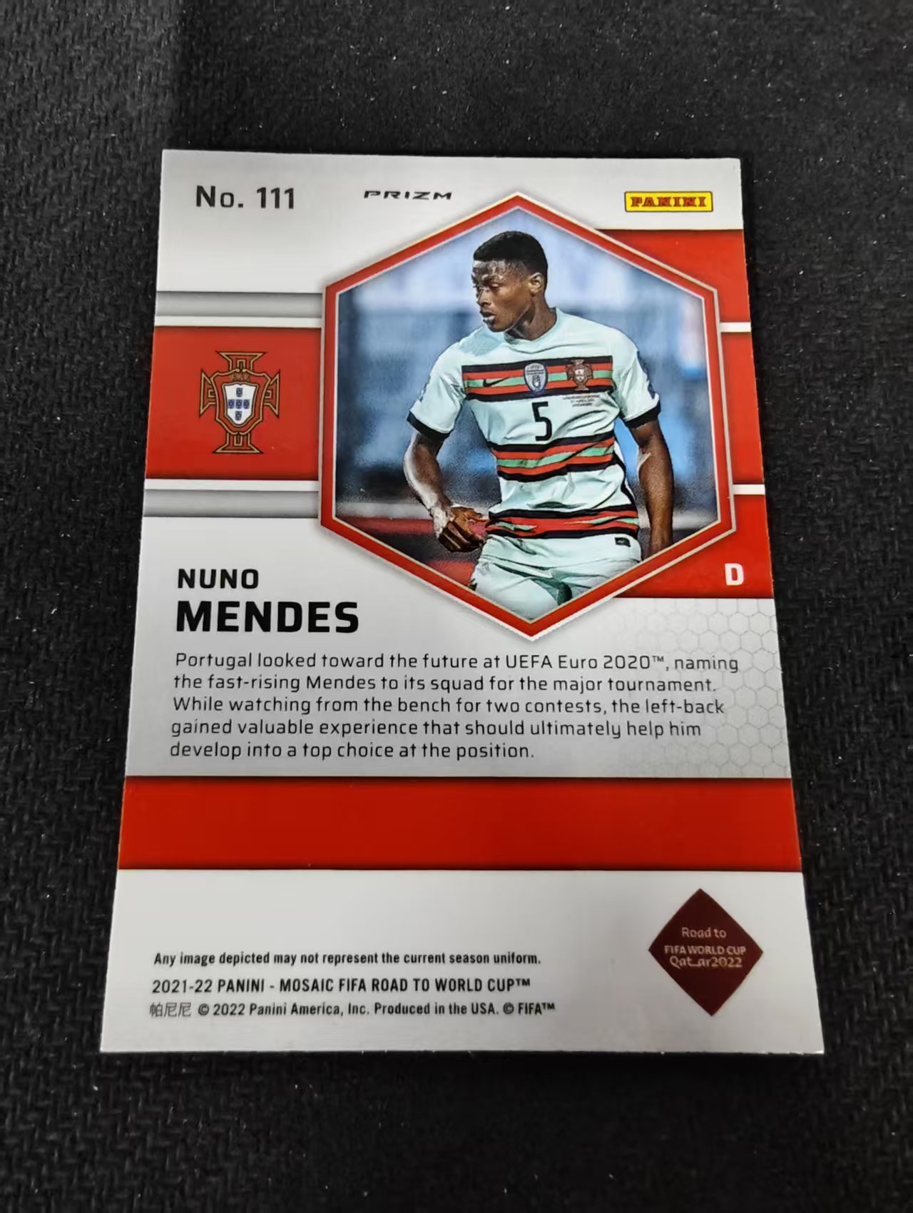 2021-22 Panini Mosaic Nuno Mendes RC 努诺 门德斯 新秀 葡萄牙 大巴黎 银折 卡塔尔世界杯马赛克 划痕 边角瑕疵 #111
