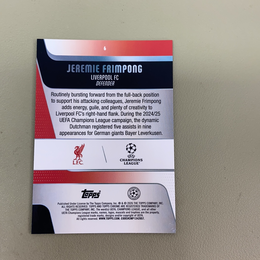 【小牛代拍】2025-26 Topps Chrome UEFA TC欧冠 德国 利物浦 Jeremie Frimpong 热雷米 弗林蓬 蓝折 蓝熔岩折 17/150编 卡品如图(一哥)