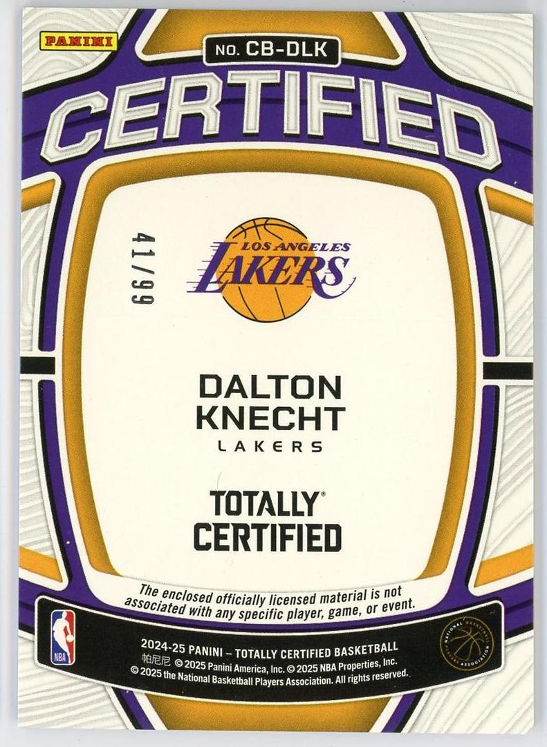 2024-25 Panini Certified Dalton Knecht RC 道尔顿克内克特 新秀 卫生巾 99编 patch 球衣物料切割 湖人 卡品如图 小小酥/11.12.