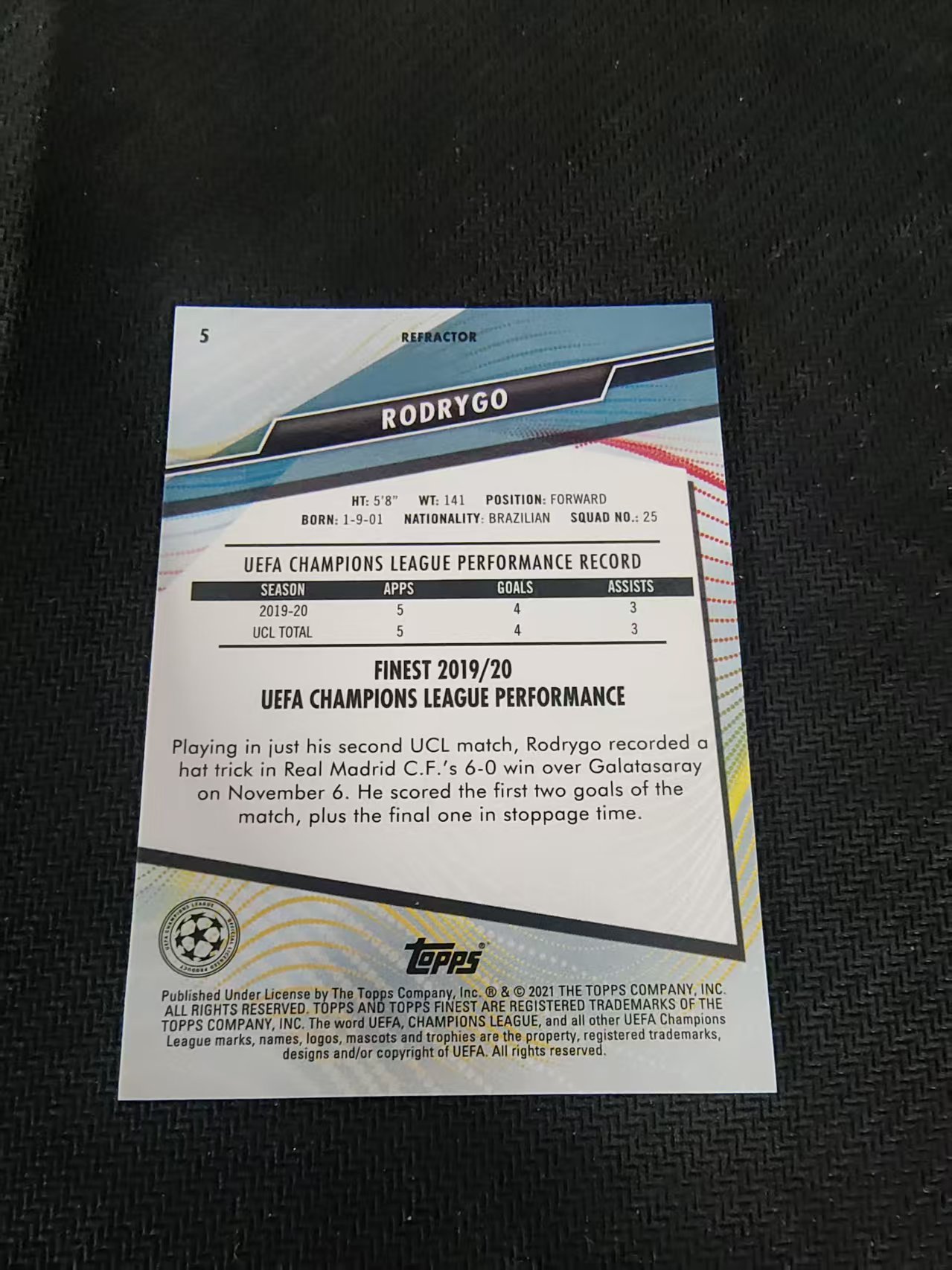 【可合并,不累计】2021 Topps Finest Rodrygo 欧冠 皇马 罗德里戈 银折 #5