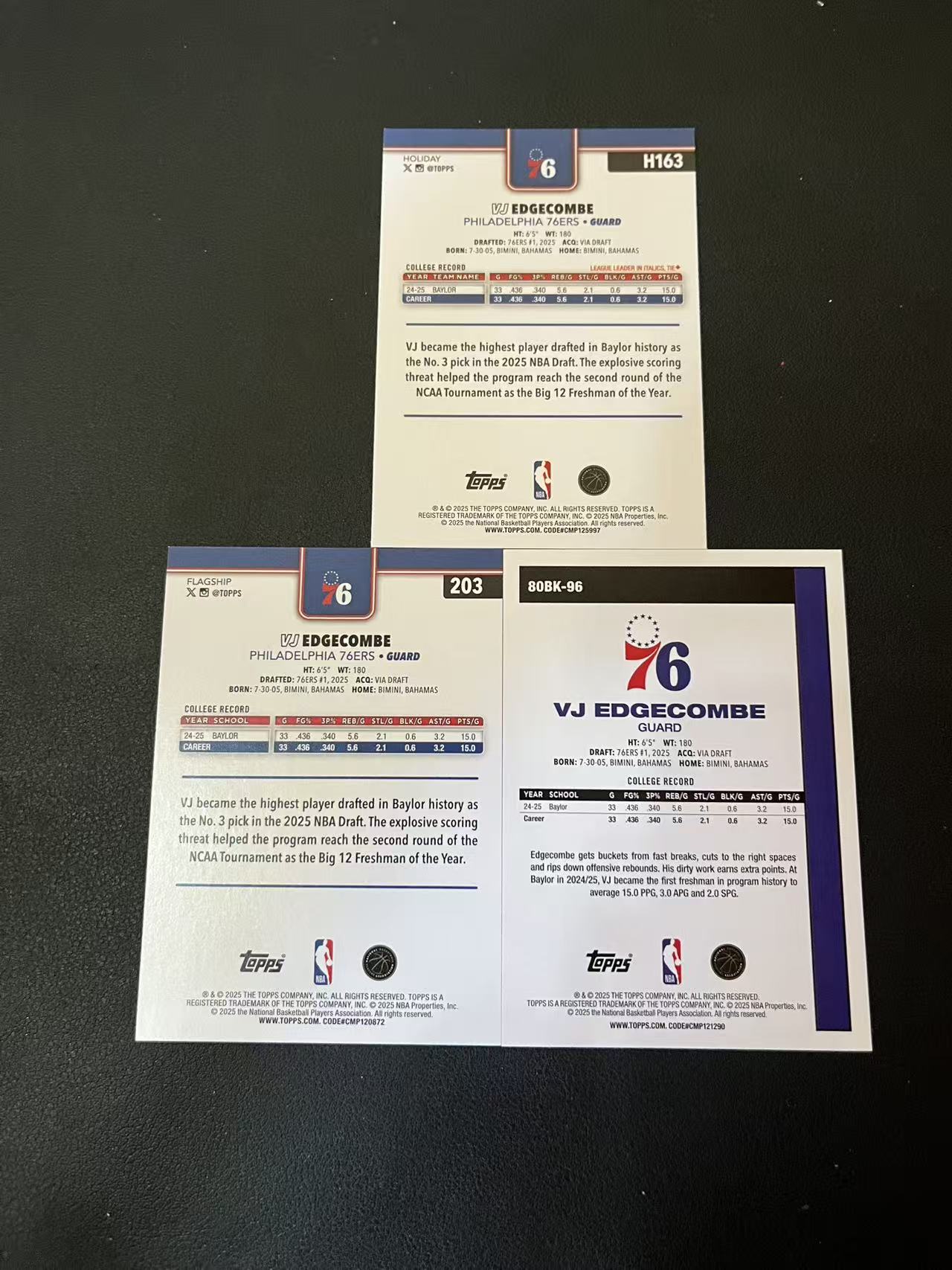 2025 Topps Flagship Valdez VJ Edgecombe Jr RC 76人 VJ 埃奇库姆 新秀 圣诞假日 蓝折 45周年 base 未来可期 3张 卡品如图 龙龙龙