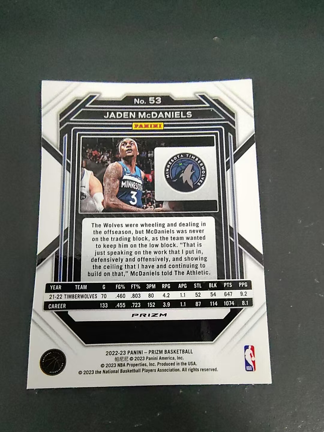 【可合并,不累计】2022-23 Panini Prizm Jaden McDaniels 杰登 麦克丹尼尔斯 森林狼 PZ 银折 划痕 边角瑕疵 #53