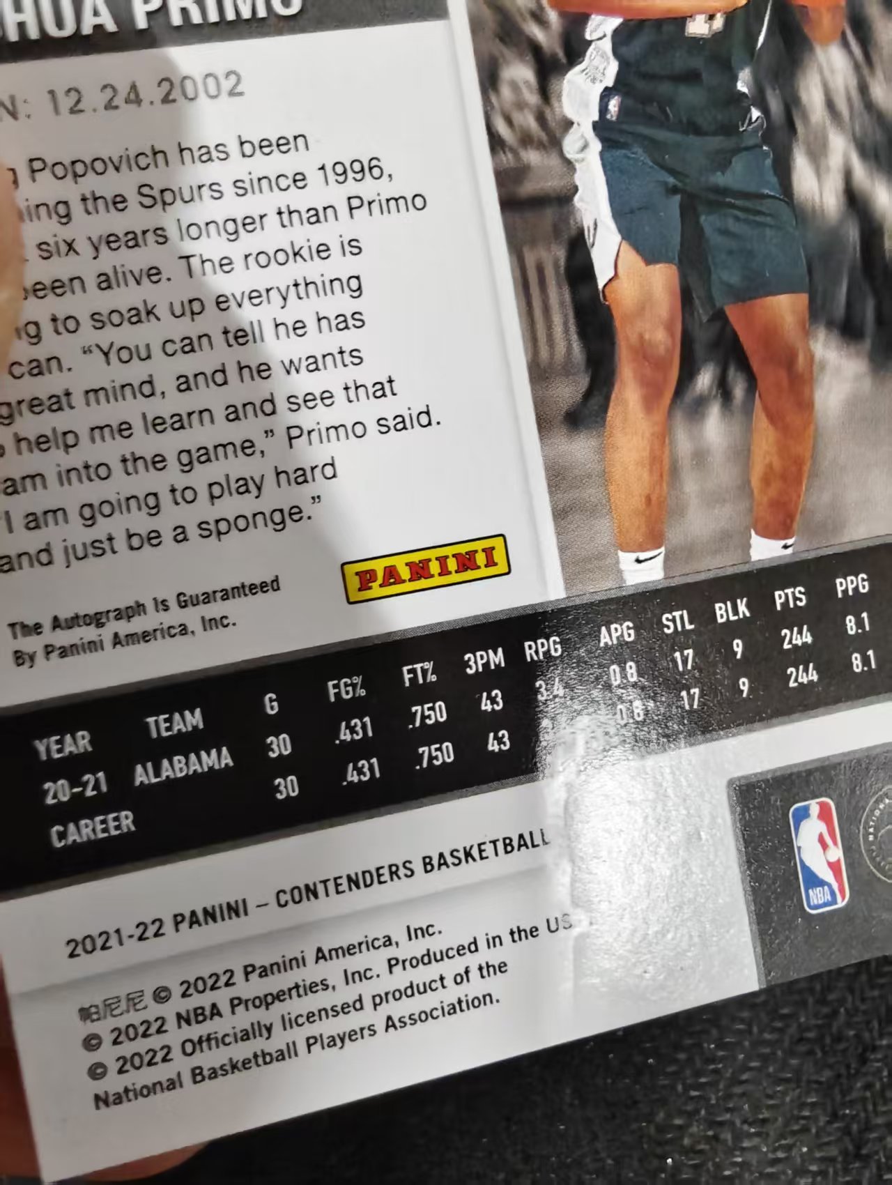 2021-22 Panini Contenders Joshua Primo RC 乔舒亚 普里莫 马刺 新秀 球票 签字 卡签 瑕疵如图