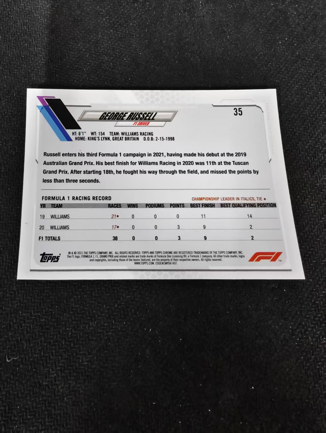 2021 Topps Chrome George Russell F1 威廉姆斯车队 乔治 拉塞尔 划痕 边角瑕疵 #35