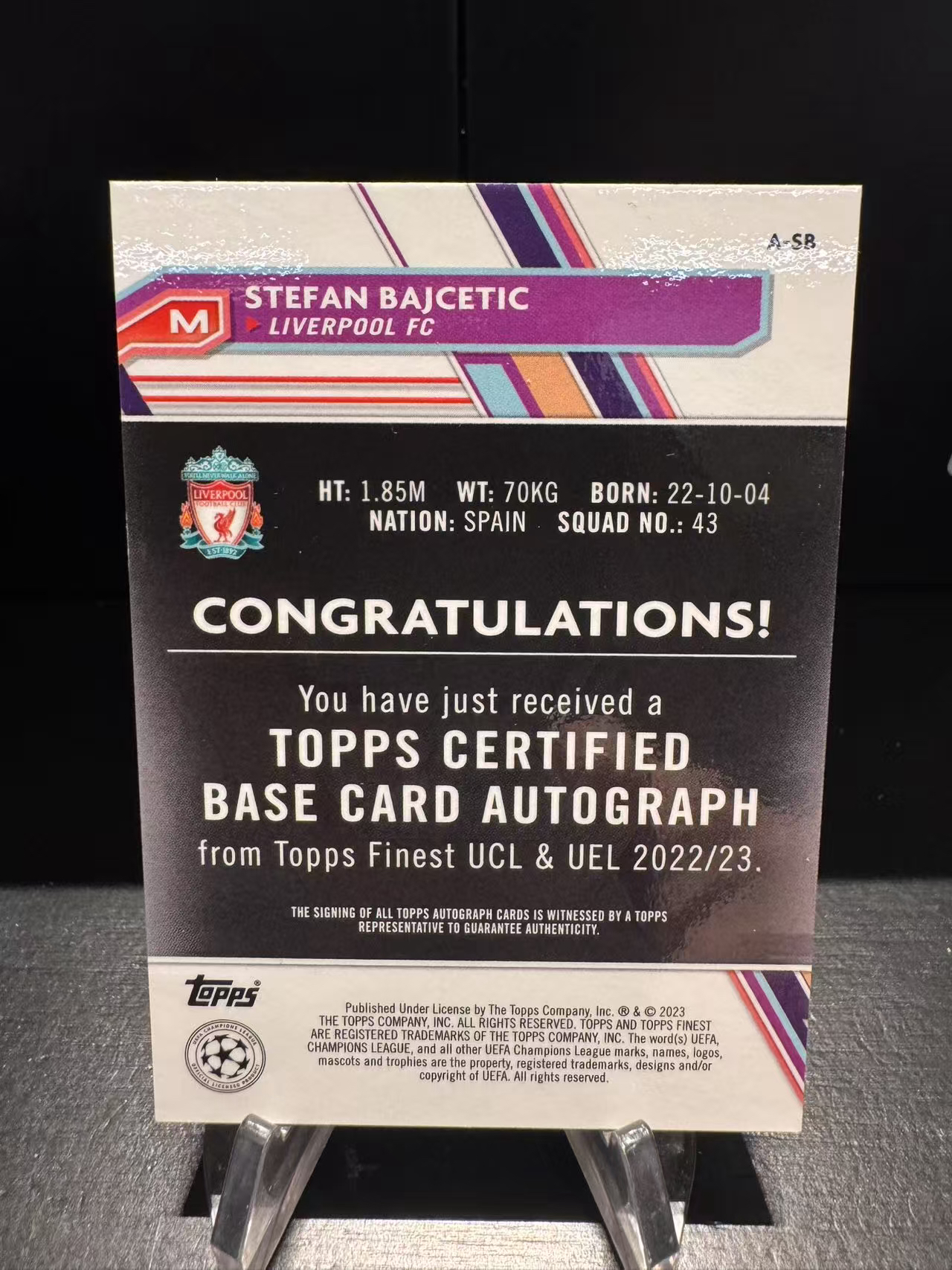 龖2022-23 Topps Finest Stefan Bajcetic RC 欧冠 巴伊切蒂奇 银折 签字 新秀 利物浦 西班牙 卡品如图 MJ002L