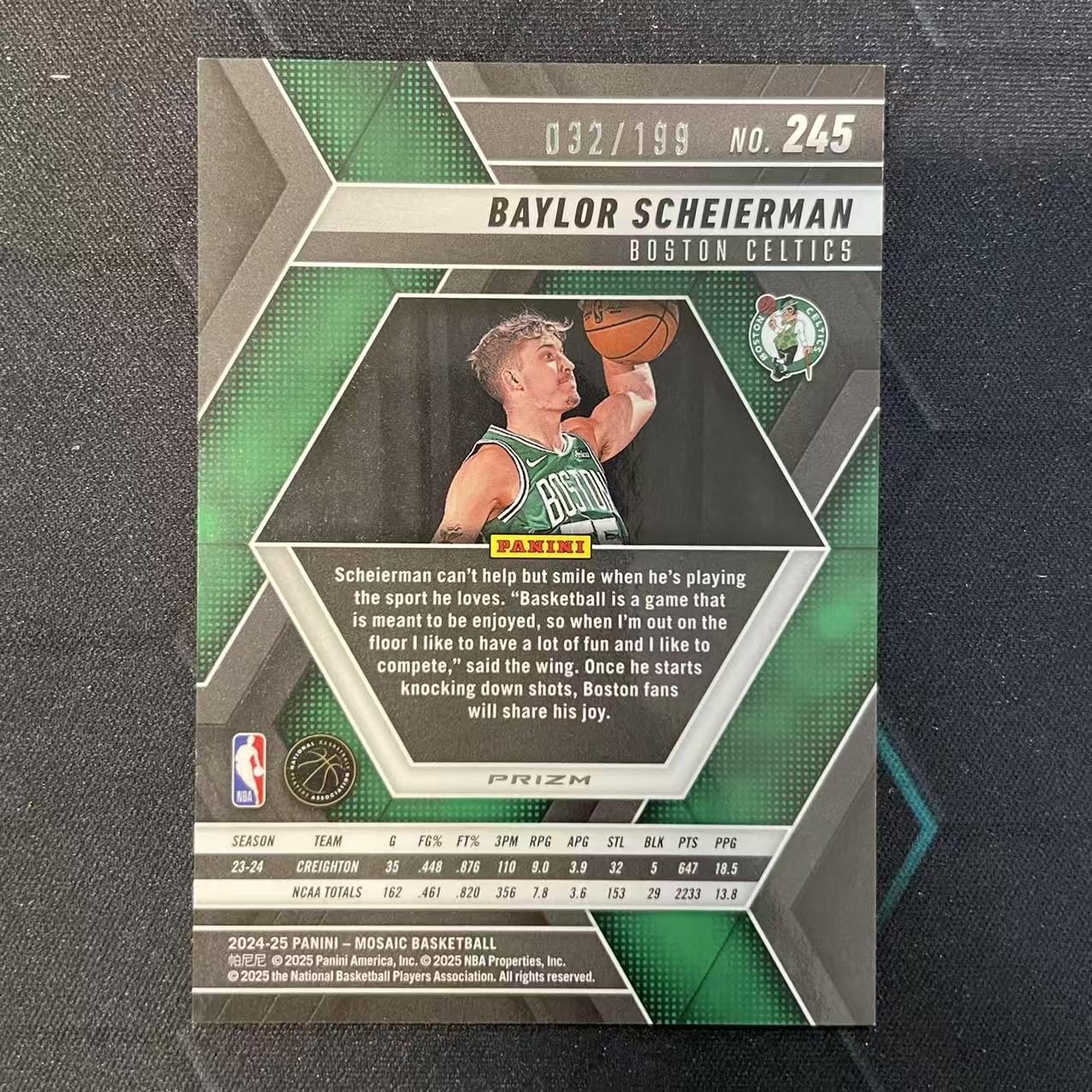 2024-25 Panini Mosaic Baylor Scheierman RC 【阿福代卖】贝勒 沙伊尔曼 凯尔特人 新秀 蓝马赛克折 199编 收藏必备(行行行A)
