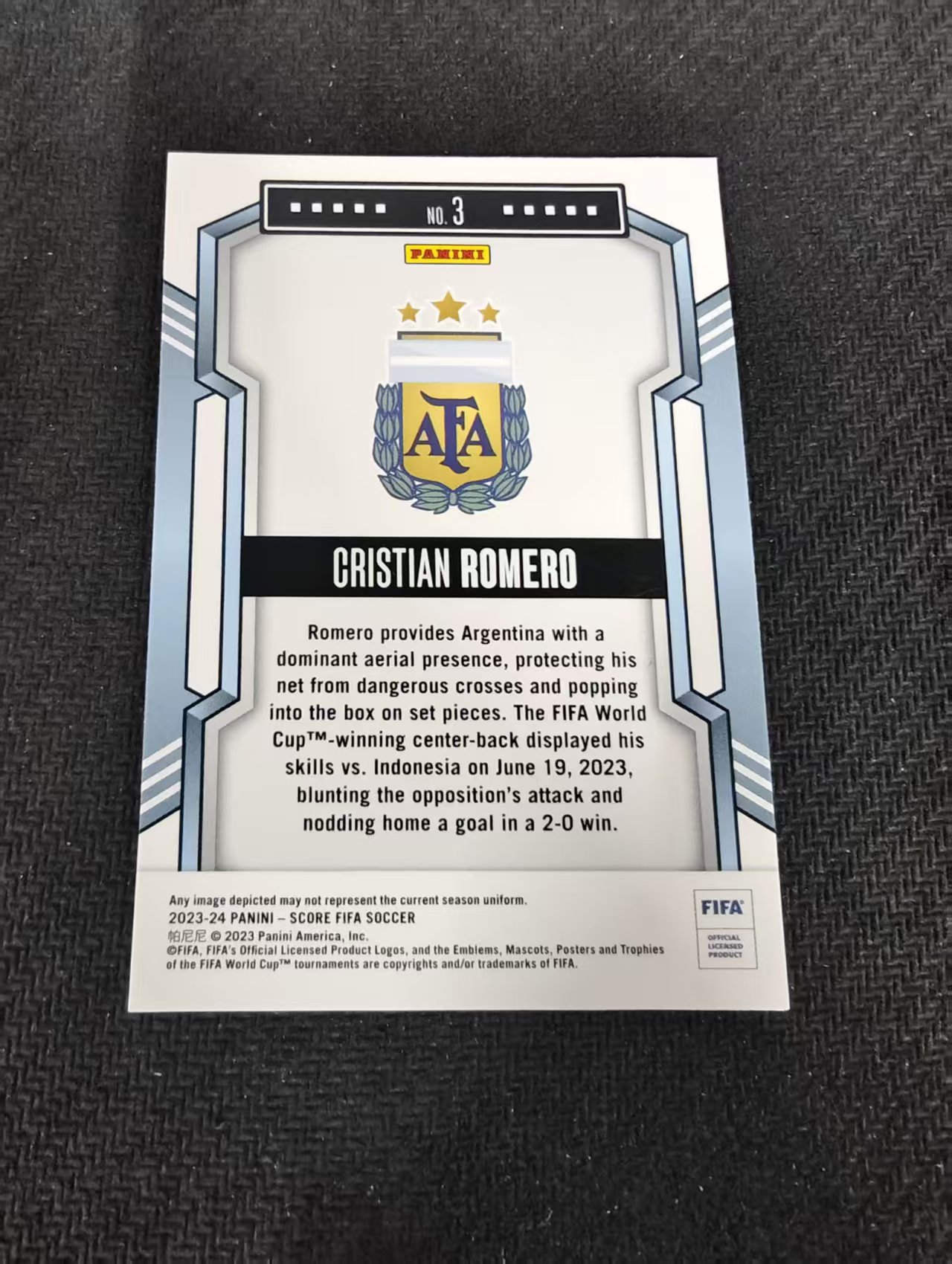 【可合并,不累计】2023-24 Panini Score CRISTIAN ROMERO 克里斯蒂安 罗梅罗 热刺 阿根廷 FIFA 划痕 边角瑕疵 #3