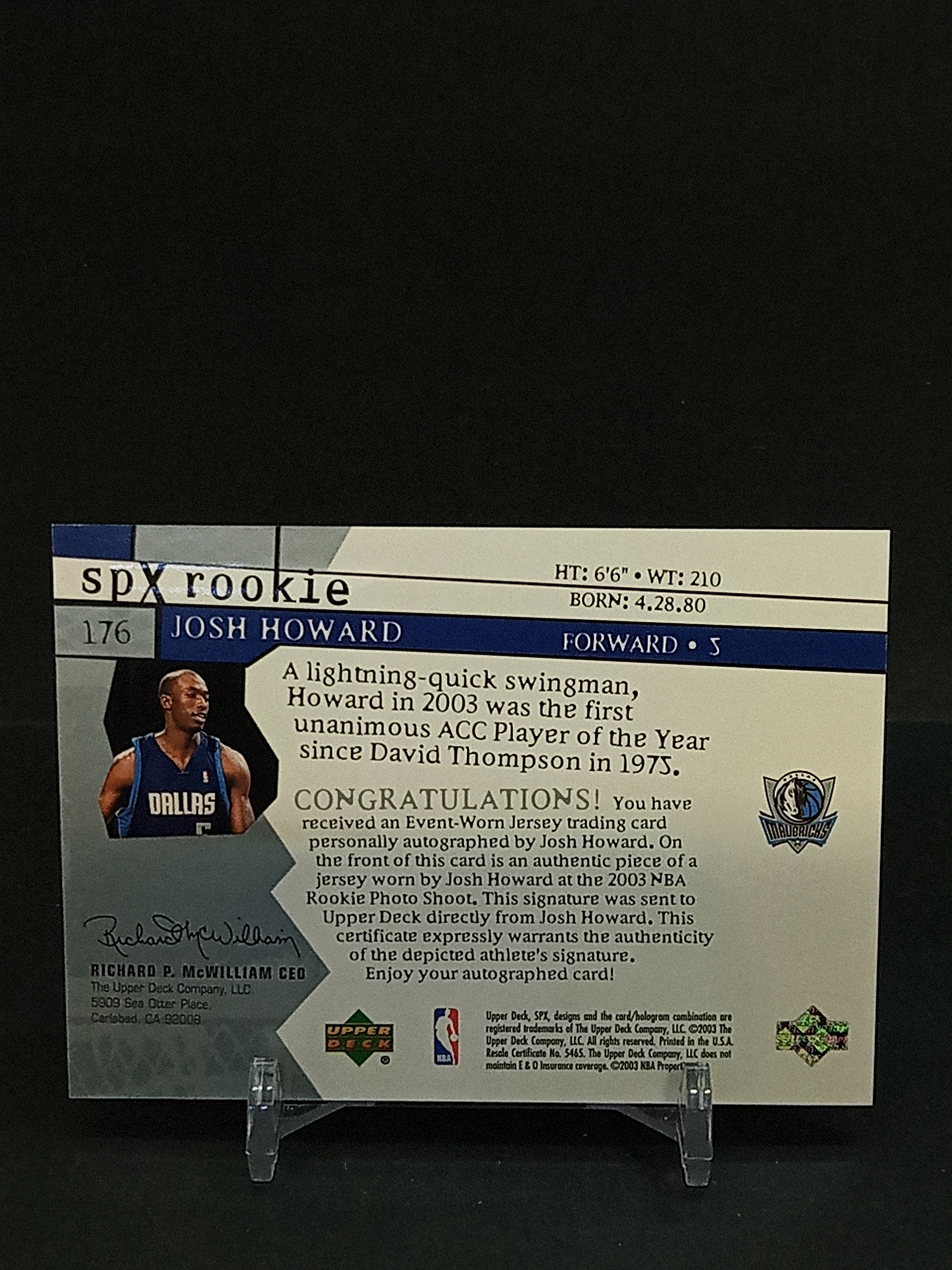 【DC拍卖】9.24HK(卡签)2003-04 UD SPX Josh Howard 约什・霍华德 独行侠 RPA 新秀球衣签字卡 限量 0587/1999 经典老 SPX 球星卡
