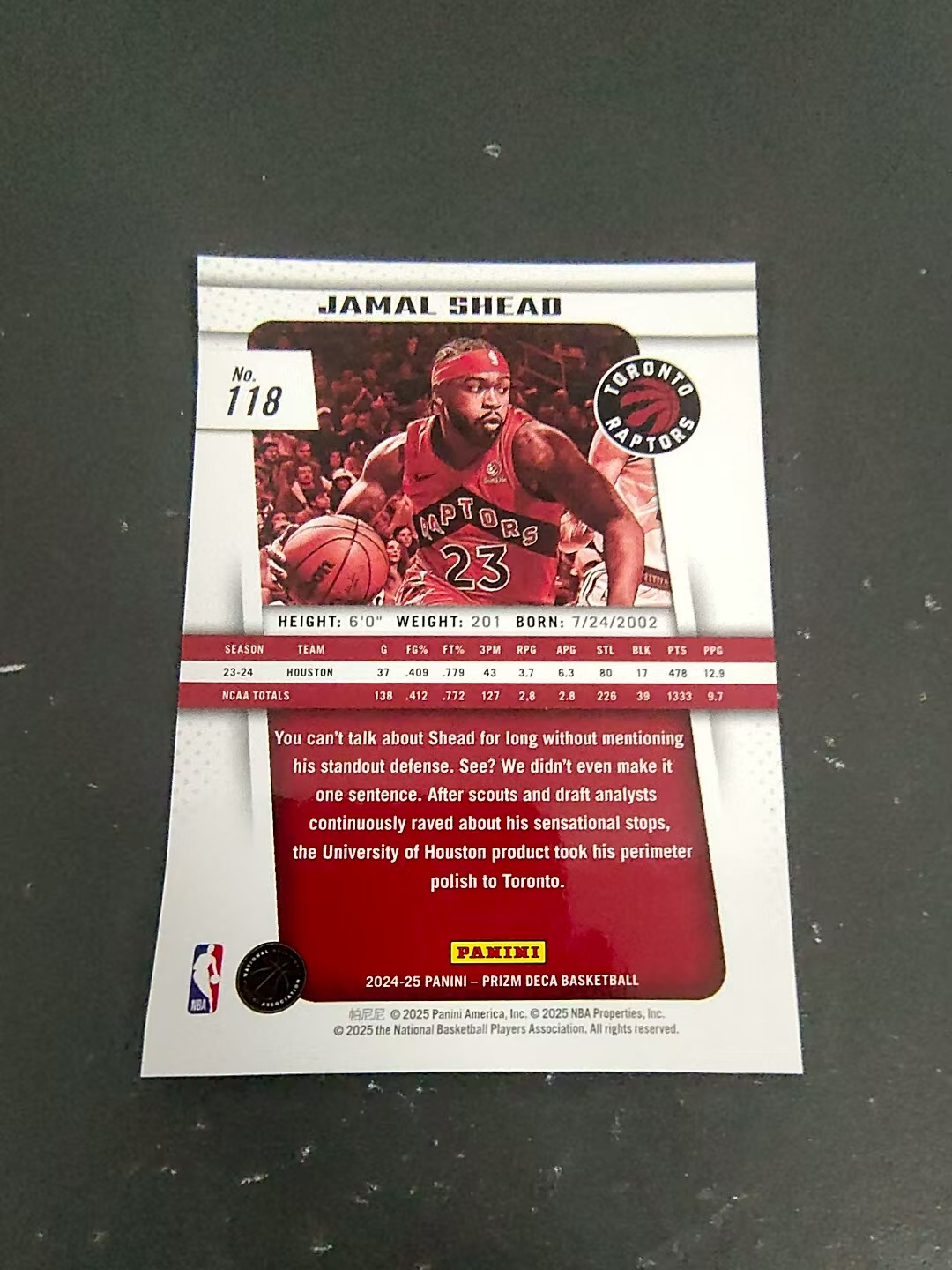 【可合并,不累计】2024-25 Panini Prizm Jamal Shead RC 贾马尔 谢德 猛龙 DECA PZ 复刻 划痕 边角瑕疵 #118
