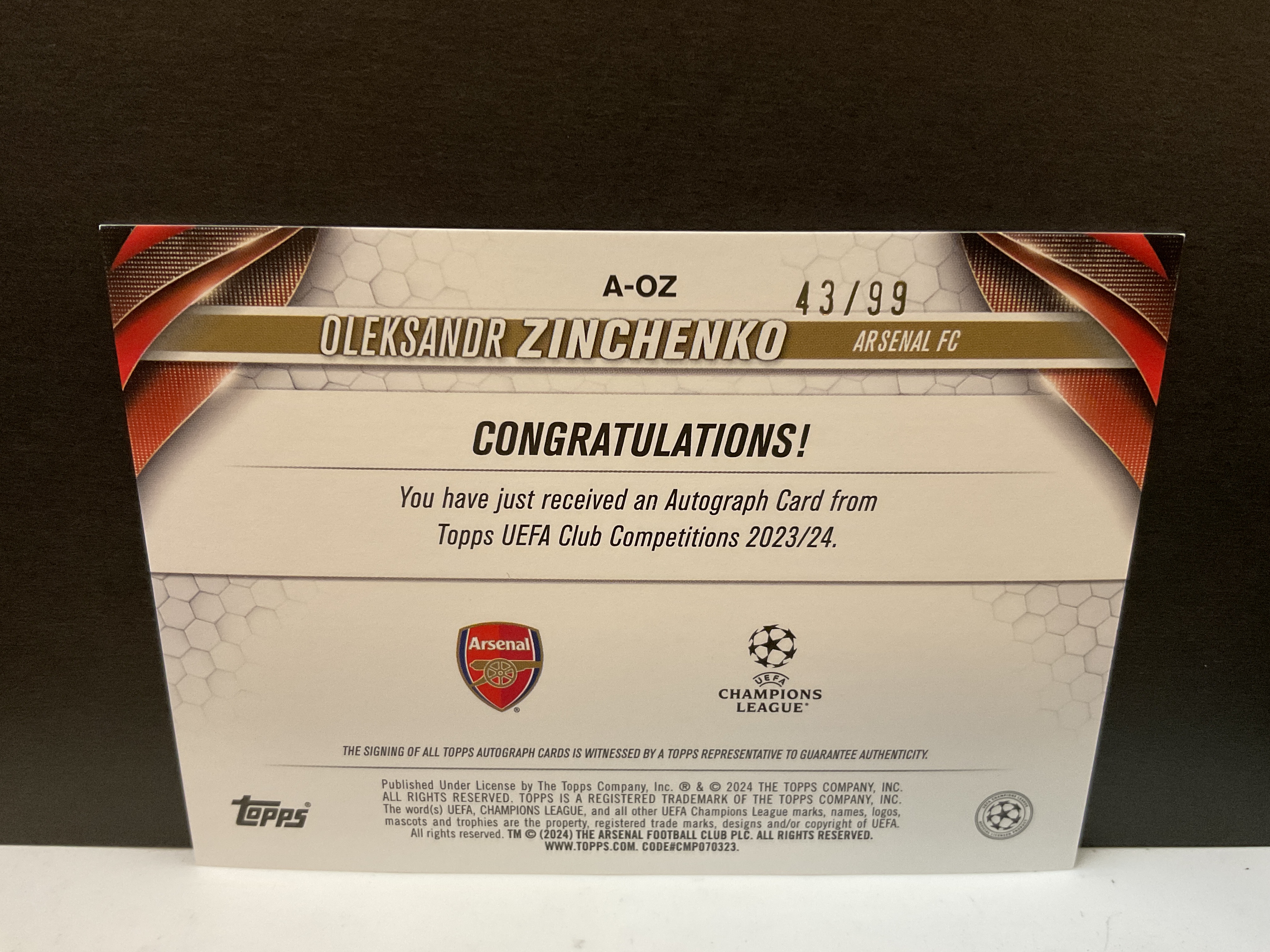 2024 Topps Topps Oleksandr Zinchenko 99编 签字 津琴科 阿森纳 欧战 乌克兰 UCC