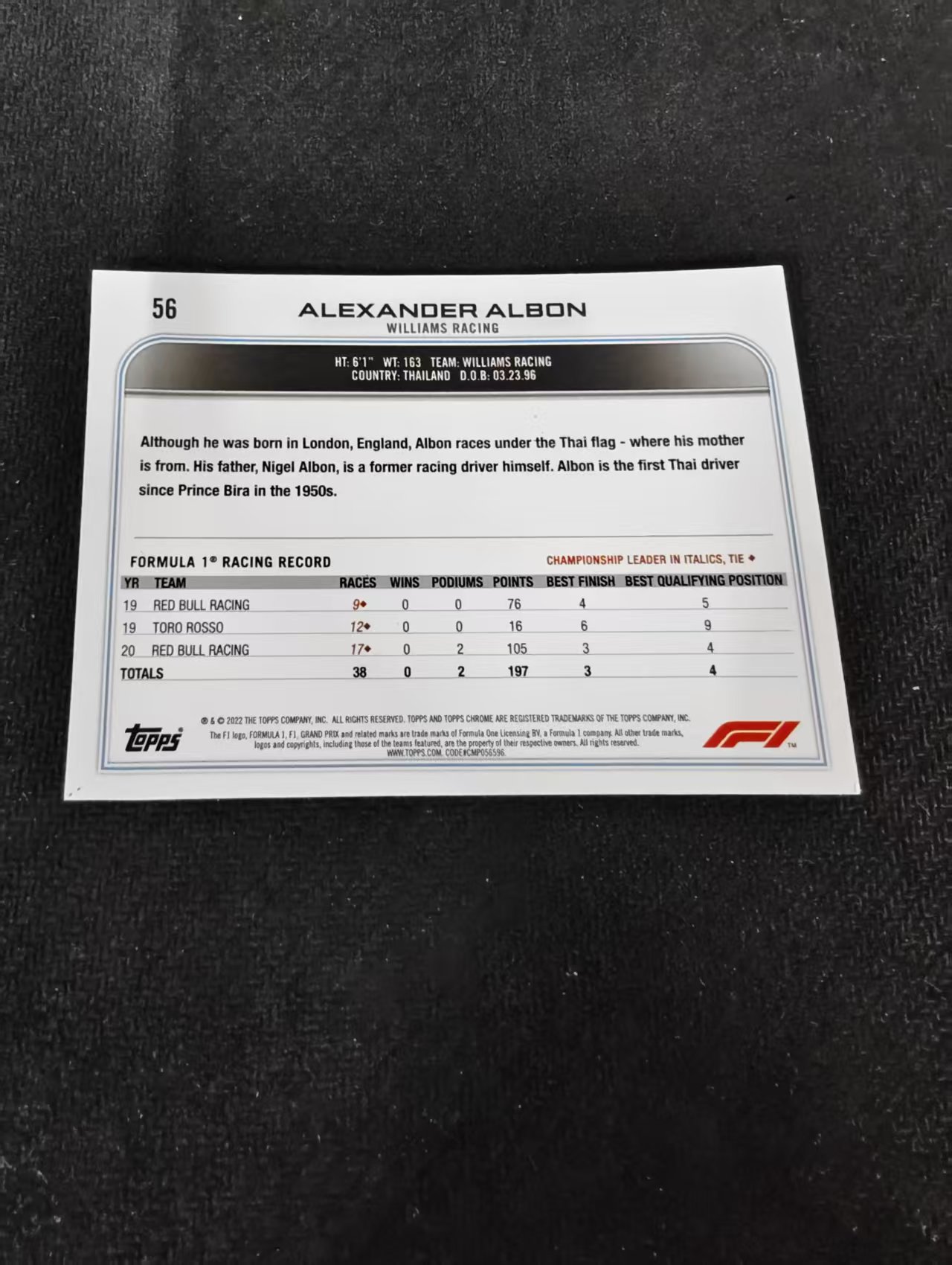 2022 Topps Chrome F1 Alexander Albon F1 威廉姆斯 亚历山大 阿尔本 划痕 边角瑕疵#56