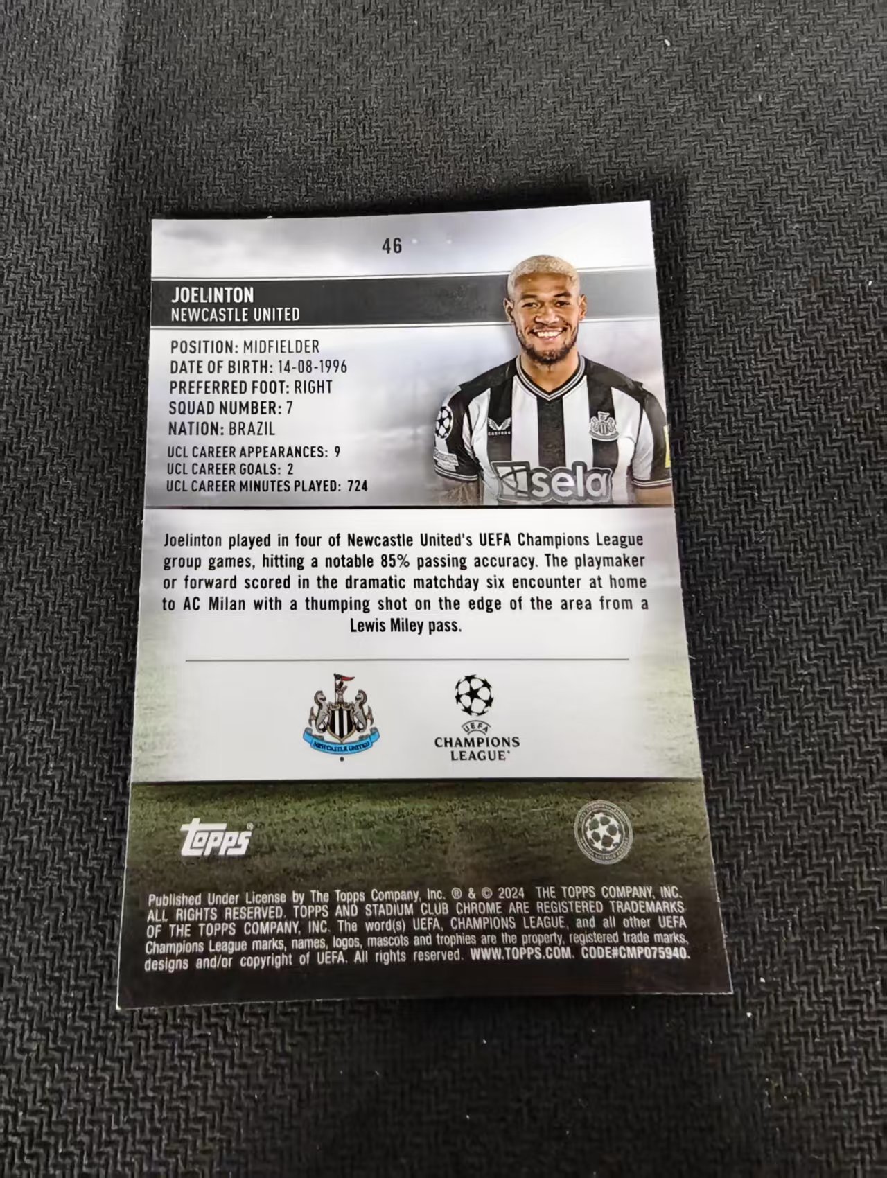【可合并,不累计】2024 Topps Stadium Club Chrome Joelinton 乔林顿 纽卡斯尔联 竞技场 欧冠 不保卡品 介意勿拍 #46