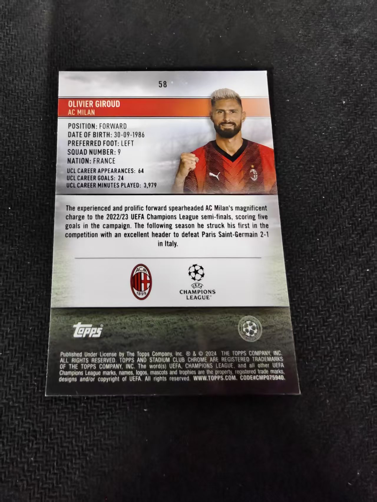 【可合并,不累计】2024 Topps Stadium Club Chrome Olivier Giroud 吉鲁 AC米兰 竞技场 欧冠 不保卡品 介意勿拍 #58