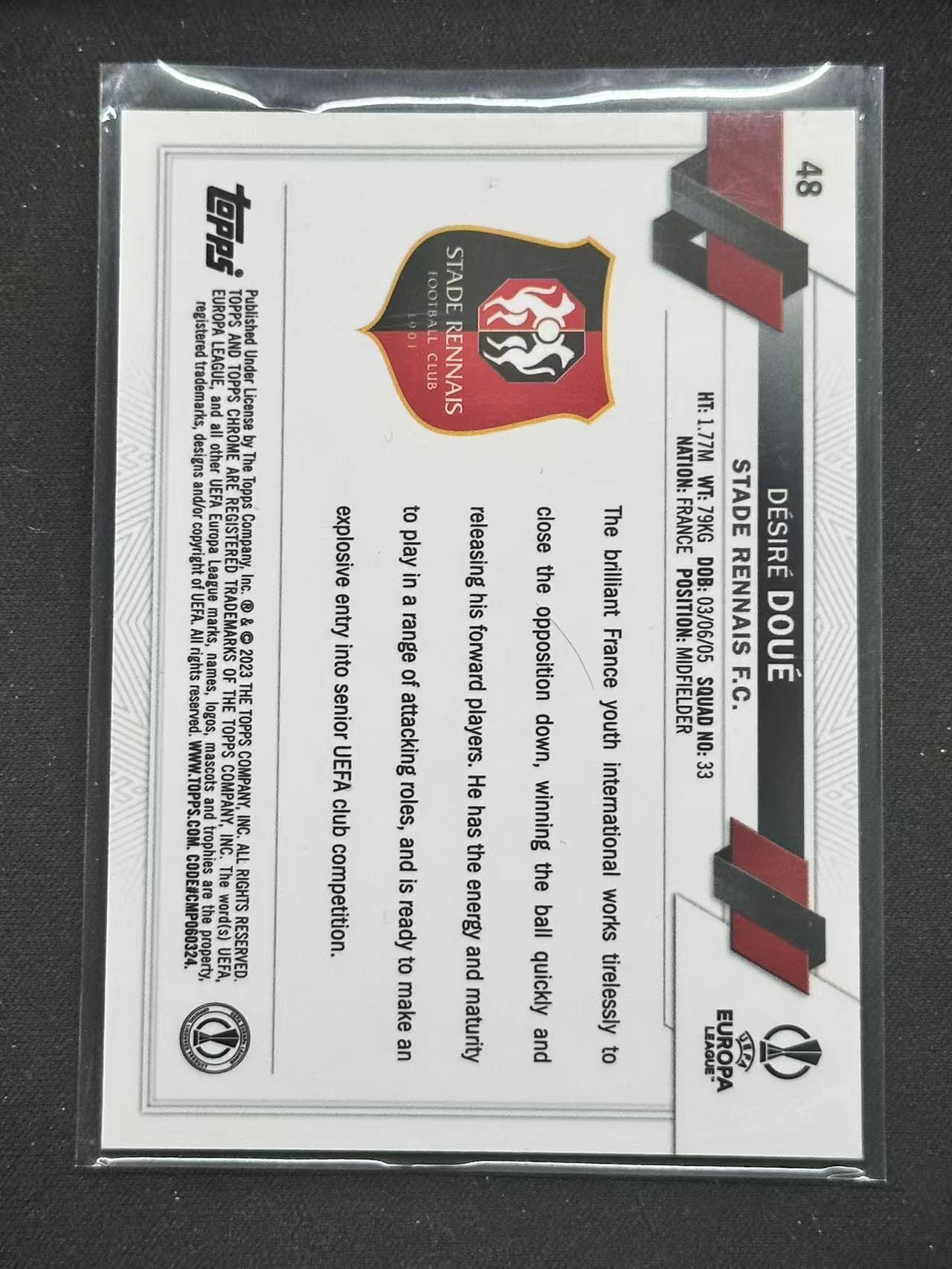 2023 Topps Chrome Desire Doue #48 巴黎圣日耳曼 雷恩 蓝宝石 法国 Doué RC 德西雷 Désiré 欧冠 大巴黎 蓝碎冰折 杜埃