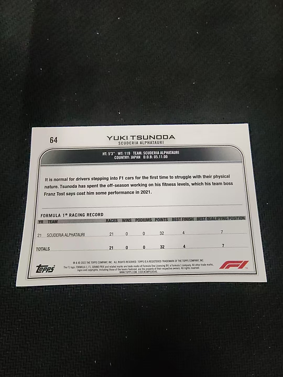 【汽水拍卖】2022 Topps Chrome F1 Yuki Tsunoda 角田裕毅 划痕 边角瑕疵 @64