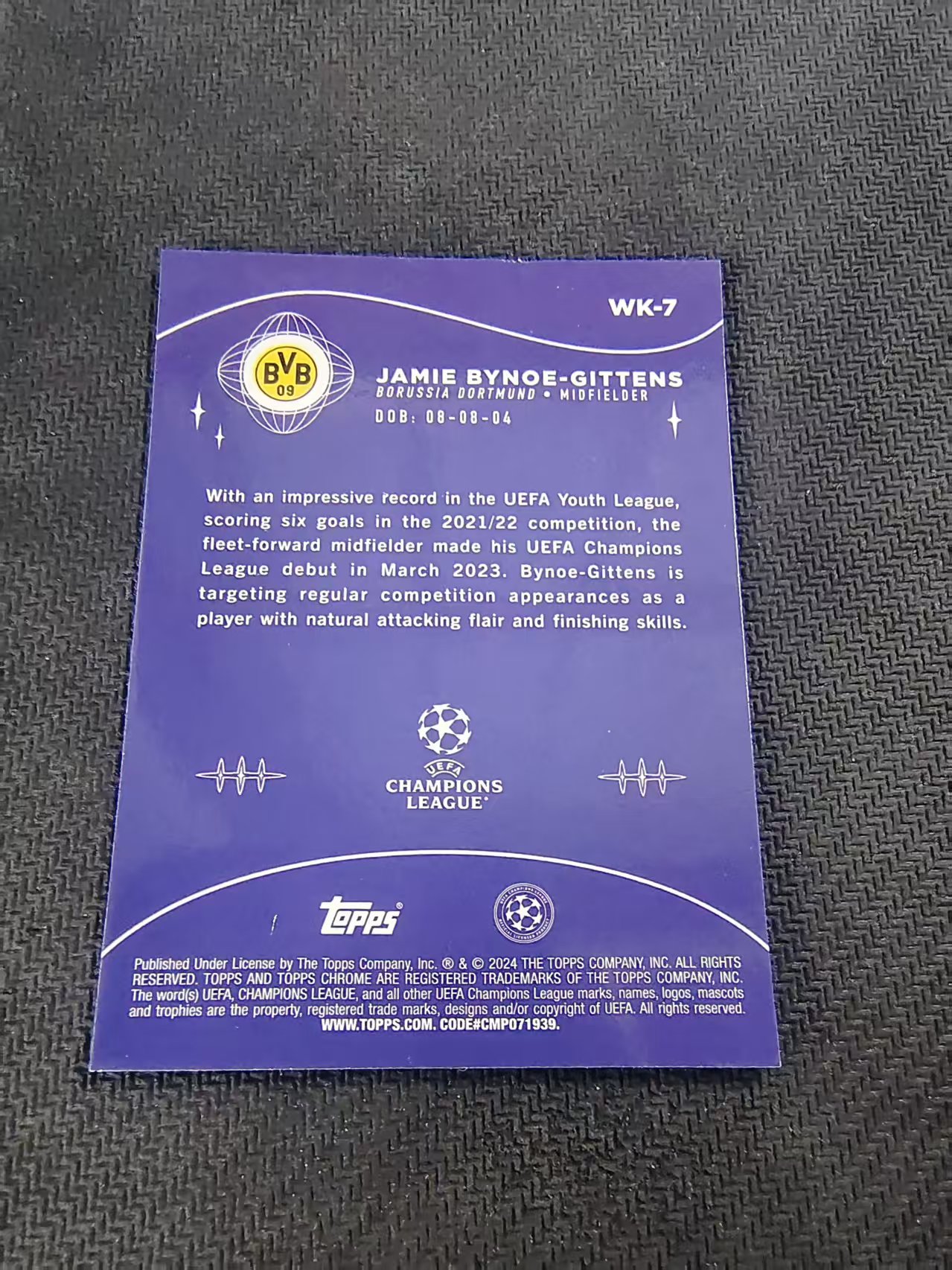 【可合并,不累计】2024 Topps Chrome Jamie Bynoe-Gittens 吉滕斯 多特蒙德 欧冠 神奇小妖特卡 银折 划痕 边角瑕疵 #7
