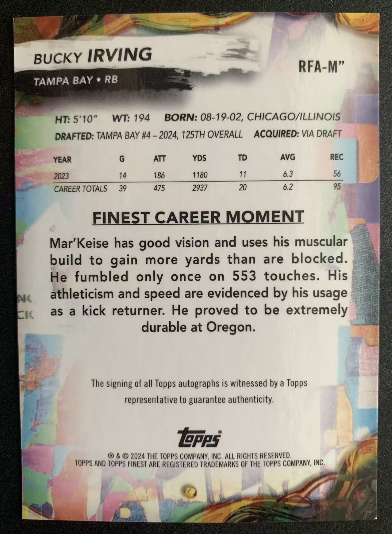 【瞳瞳代卖】2024 topps Finest 高端系列 NFL 橄榄球 巴基 欧文 Bucky Irving 99编 RC 新秀 签字卡