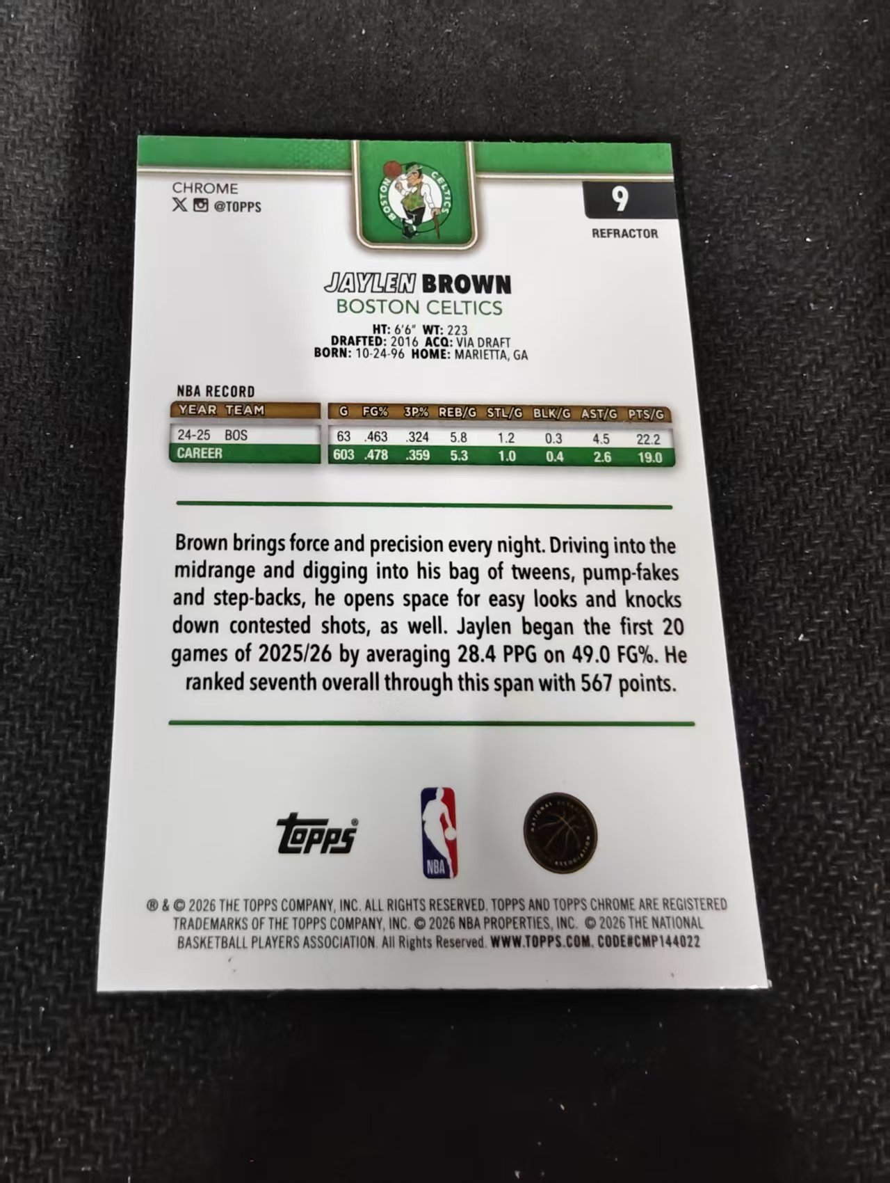 2026 Topps Chrome Update Jaylen Brown 杰伦 布朗 凯尔特人 银折 TCU 划痕 边角瑕疵 #9