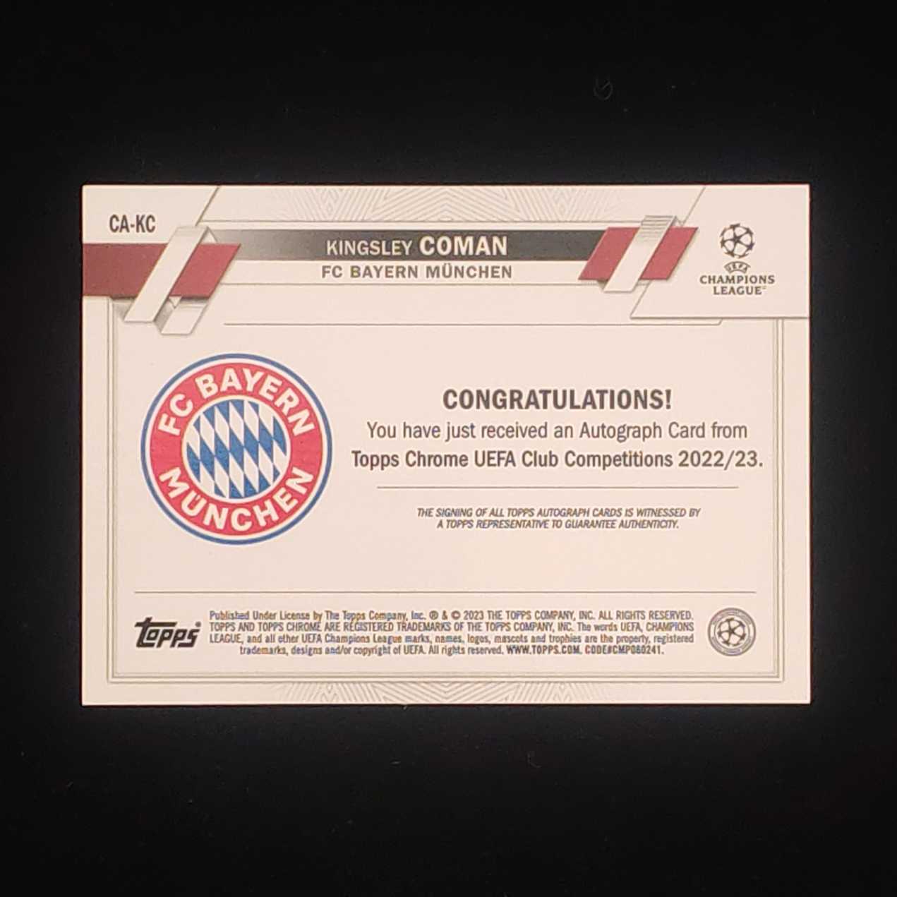 2023 Topps Chrome Kingsley Coman 欧冠 TC 拜仁 金斯利 科曼 银折 签字 卡品如图 收藏必备