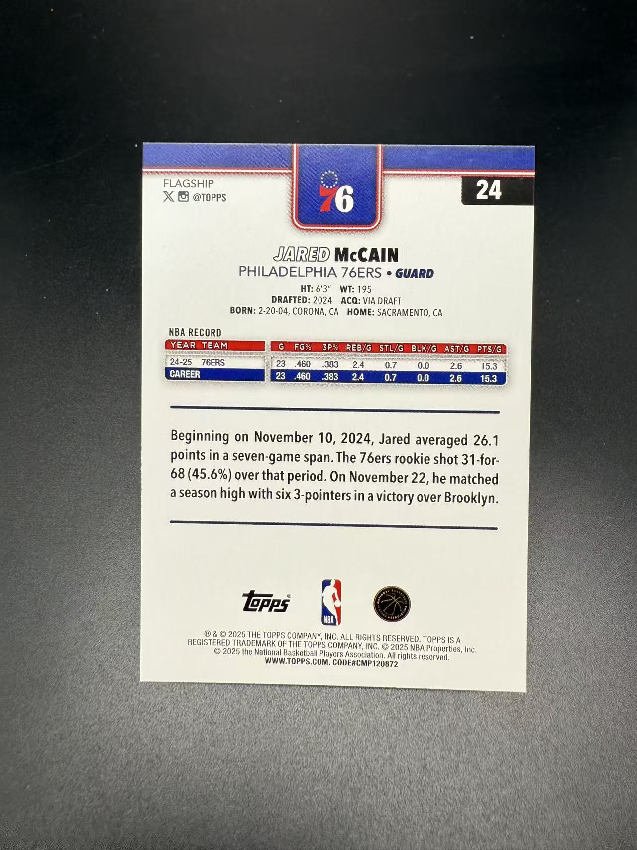 2025 Topps Flagship Jared McCain #24 贾里德 麦凯恩 魔仙哥 新秀次年 76人 紫折 250编 专收必备 yyq