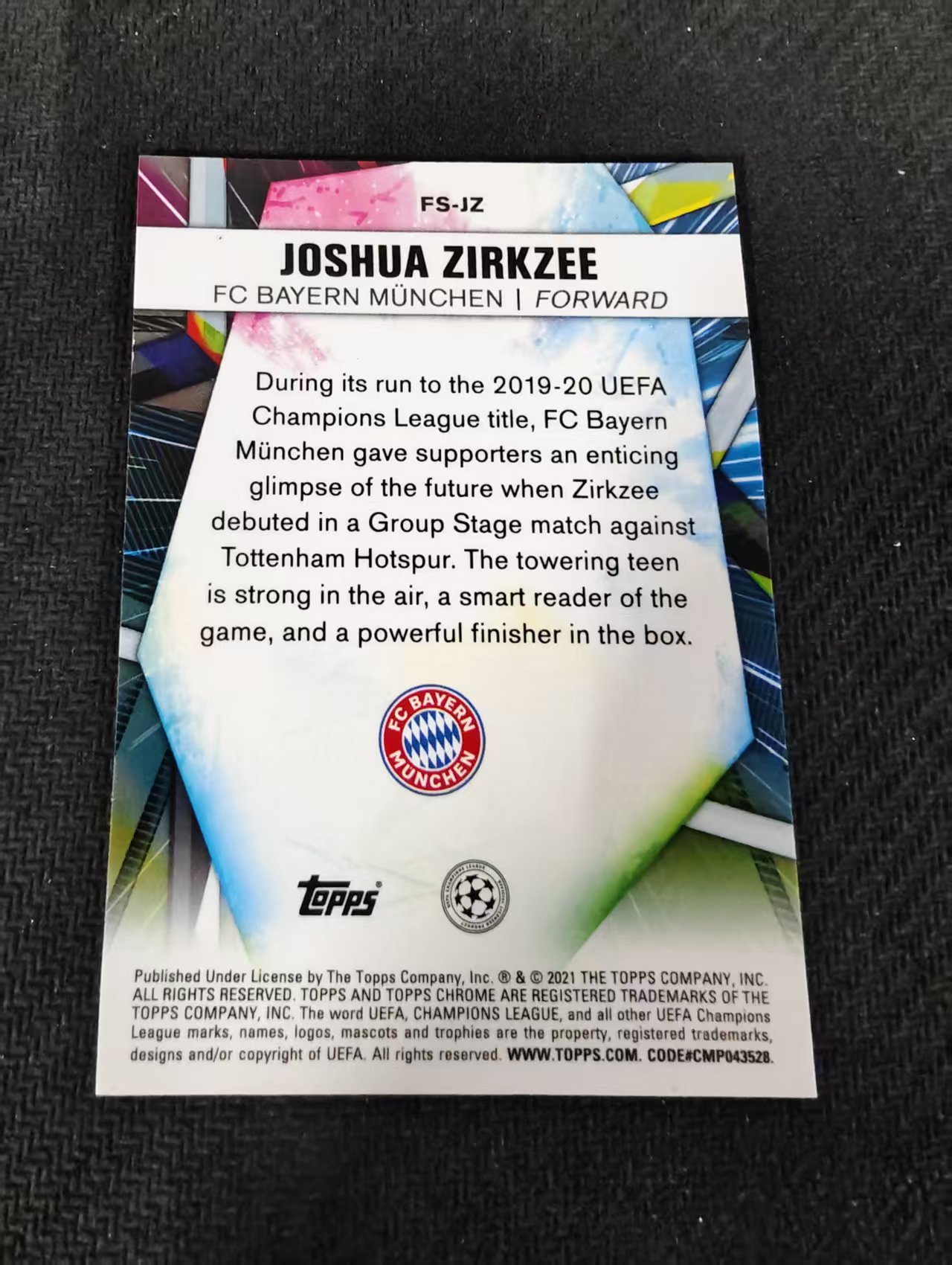 【可合并,不累计】2021 Topps Chrome Joshua Zirkzee RC 欧冠 齐尔克泽 拜仁 曼联 未来之星特卡 银折 不保卡品 介意勿拍