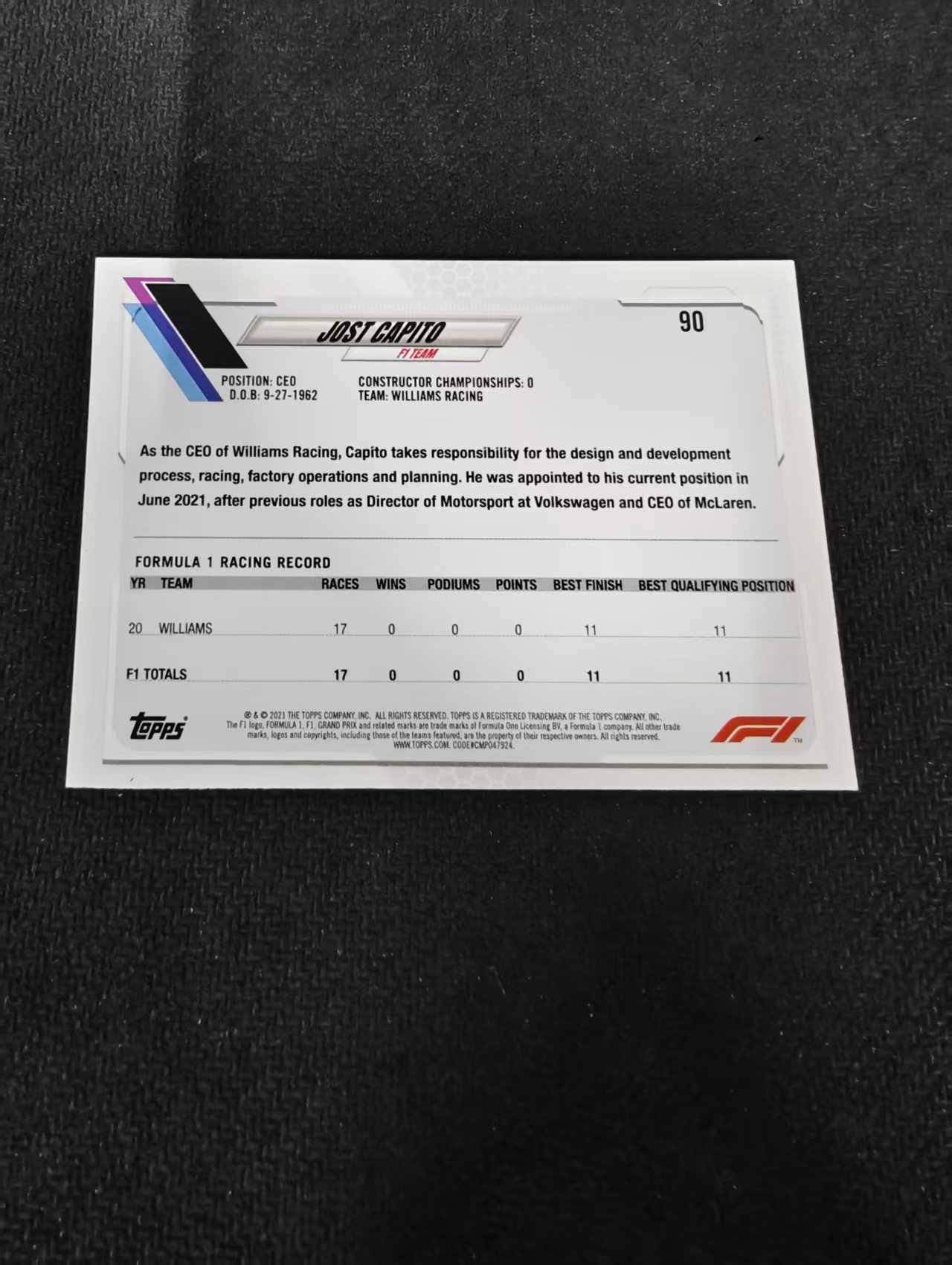 2021 Topps Chrome Jost Capito F1 威廉姆斯 领队 约斯特 卡皮托 划痕 边角瑕疵 @90