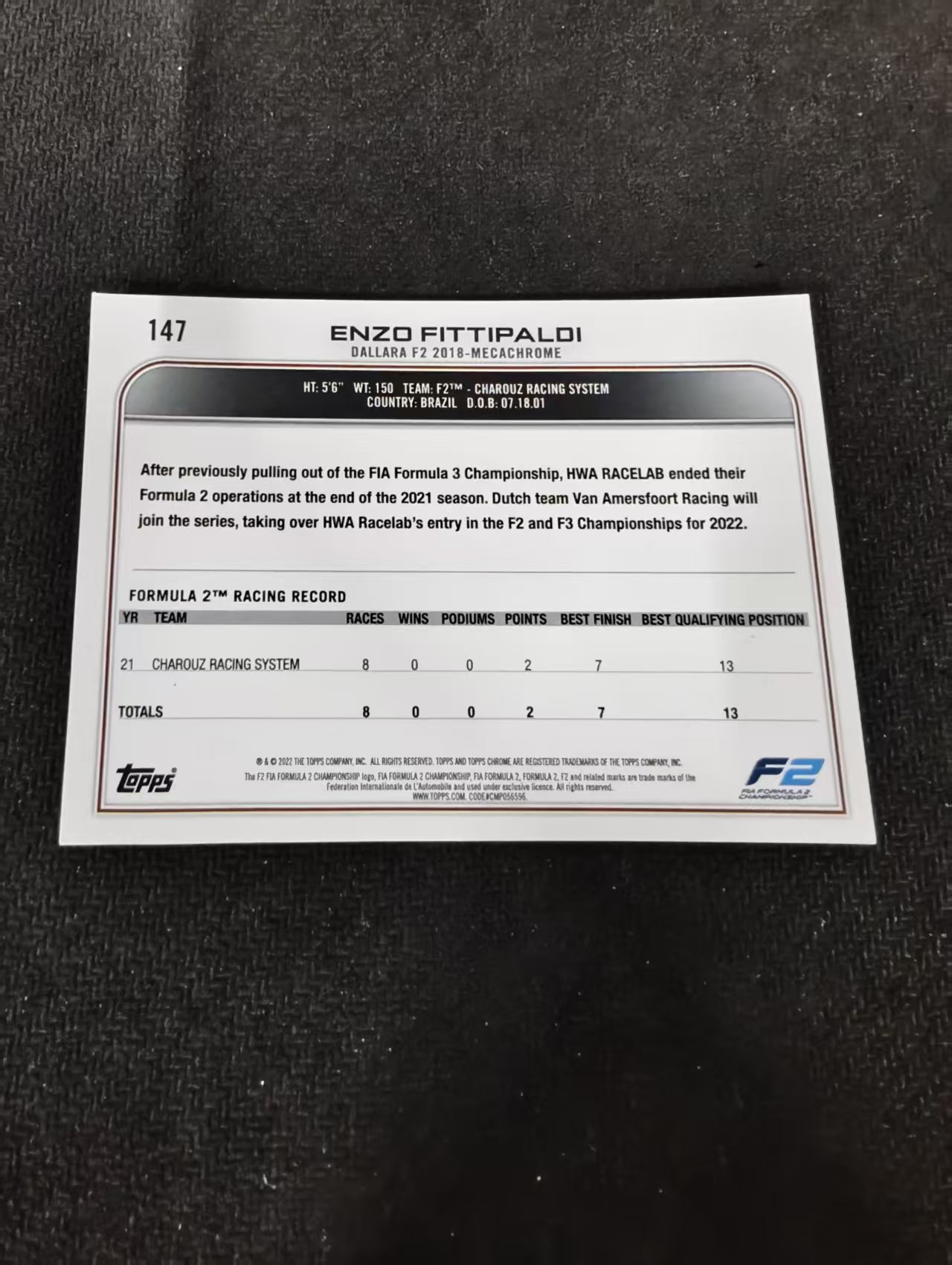 2022 Topps Chrome Enzo Fittipaldi F1 恩佐 菲蒂帕尔迪 F2 划痕 边角瑕疵#147