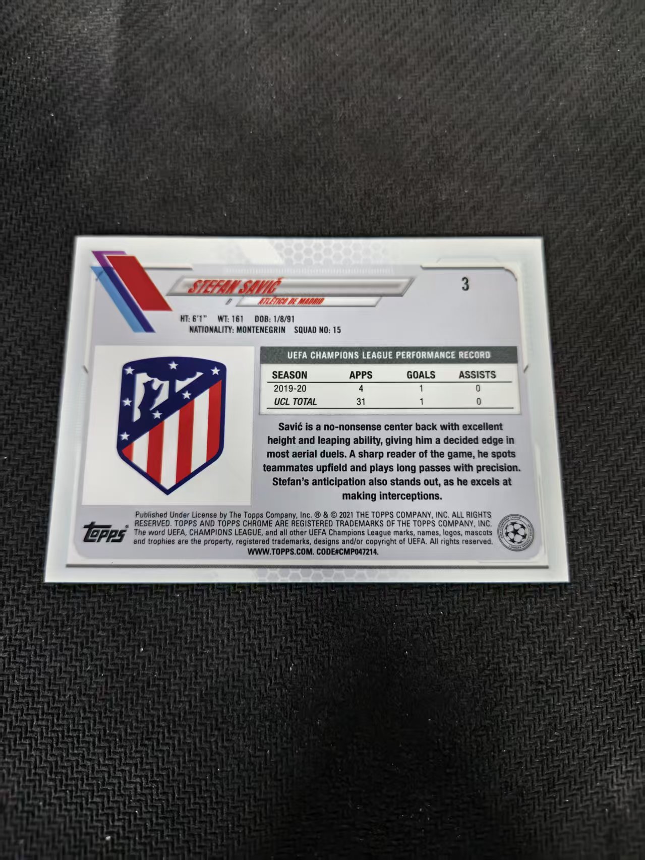 【可合并,不累计】2021 Topps Chrome Stefan Savic 欧冠 蓝宝石 萨维奇 马竞 蓝碎冰 划痕 边角瑕疵 #3
