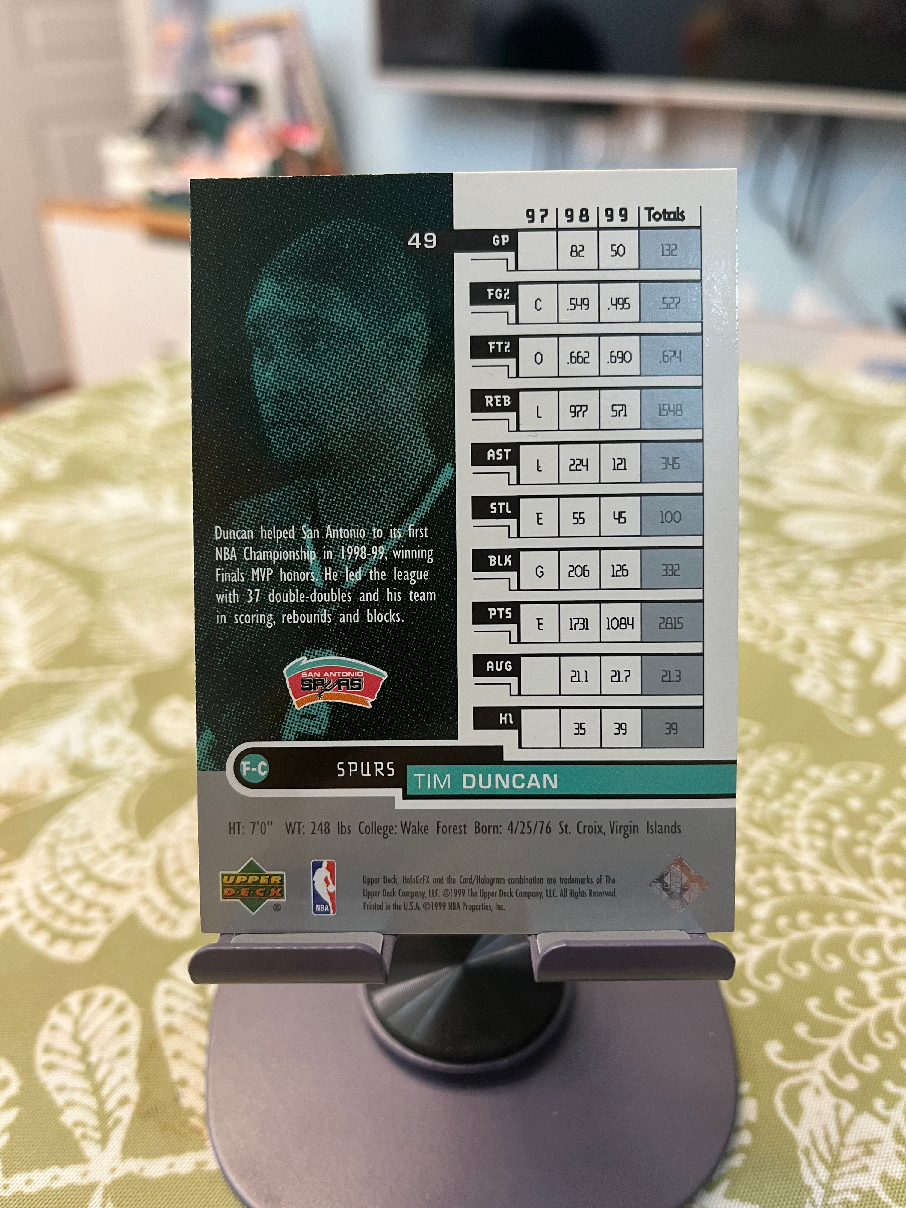 1999 Upper Deck 老卡 老特 Tim Duncan 蒂姆 邓肯 石佛 马刺【折射 钻石折射质感 超闪 HoloGrFX】【边角瑕疵如图 介意勿拍】#1028