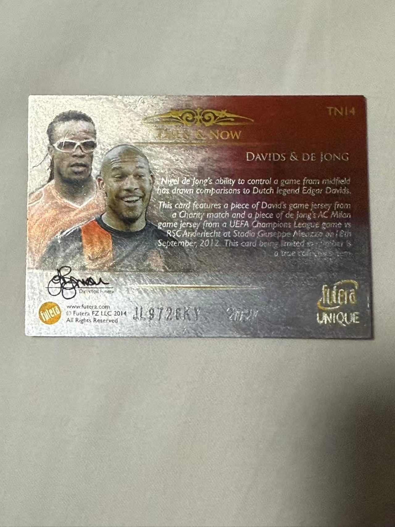 2014 Futera Futera Unique Nigel de Jong 【mxn拍卖】戴维斯 德容 3色 双球衣 27/27 尾编 then and now 荷兰 AC米兰 巴塞罗那 不发到付