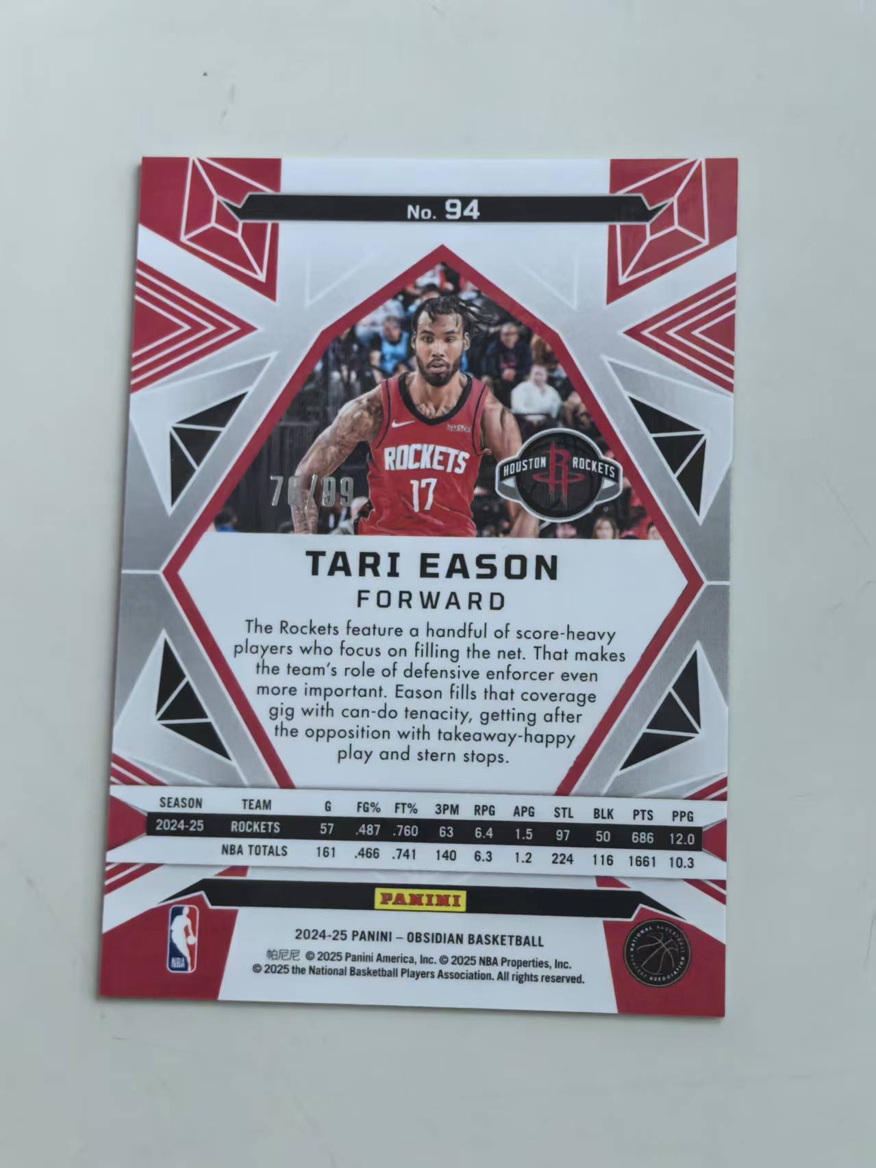 2024-25 Panini Obsidian Tari Eason #94 火箭 99编 折射 【黑魔苏】
