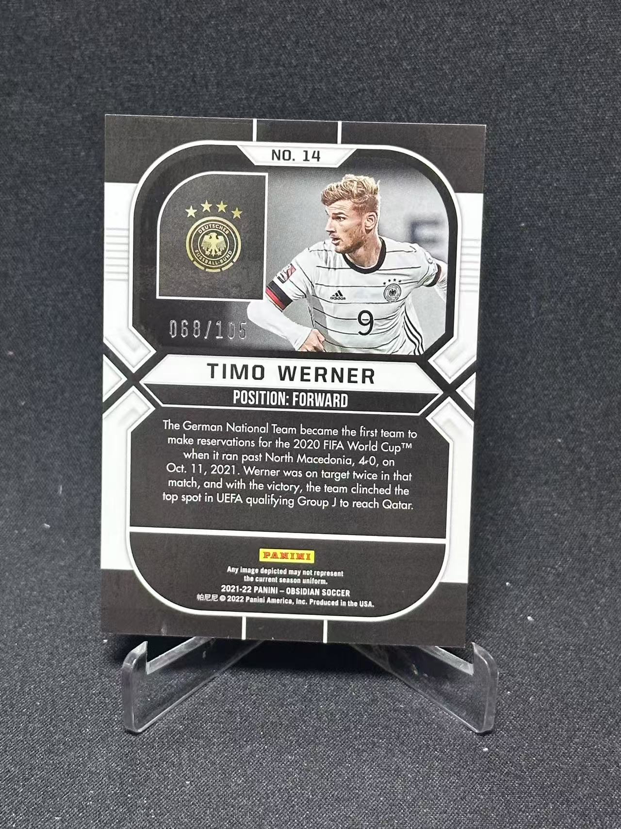 2021-22 Panini Obsidian Timo Werner 【哆哆卡社】蒂莫·维尔纳 105编 黑曜石银折 世界杯 卡品如图