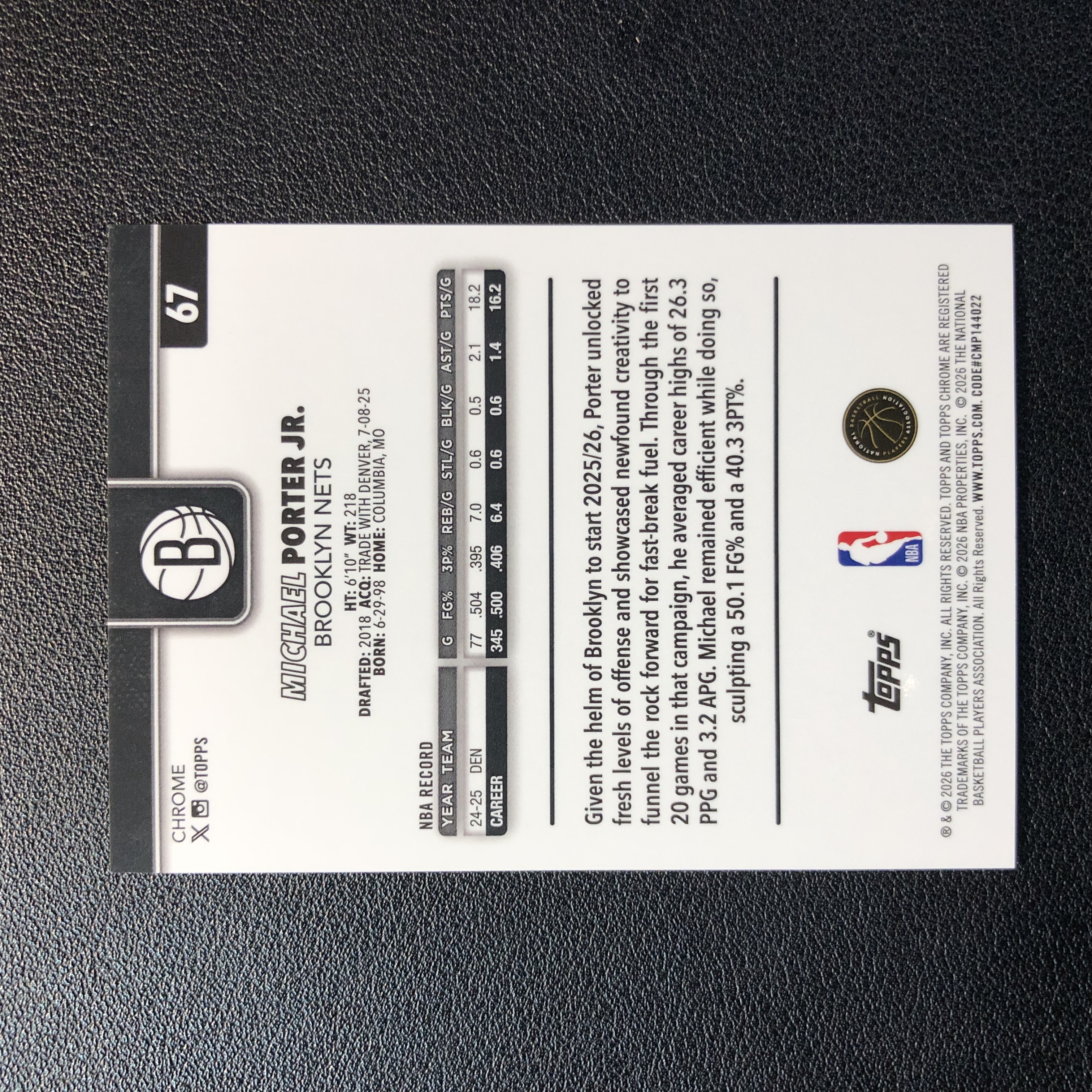 2025-26 Topps Chrome Updates Michael Porter Jr. 小迈克尔 波特 07/10编 黑宝石 黑碎冰 篮网 TCU蓝宝石 卡品如图 BU079