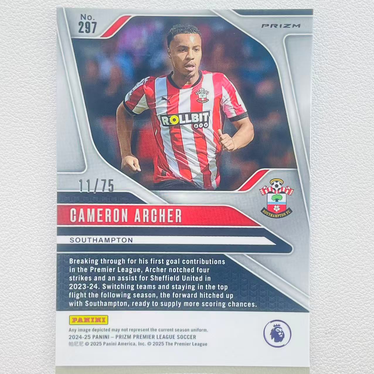 2024-25 Panini Prizm Cameron Archer 英超PZ 英格兰 南安普顿 谢菲尔德联 卡梅伦 阿彻 阿切尔 75编 低编 蓝碎冰折 迪布林马特乌斯费尔南德斯队友 B