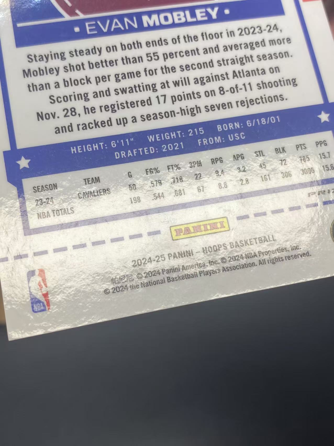 2024-25 【六六代卖】 NBA Hoops Evan Mobley 莫布利 骑士 149编 绿折 Base 瑕疵如图(永不独行01)