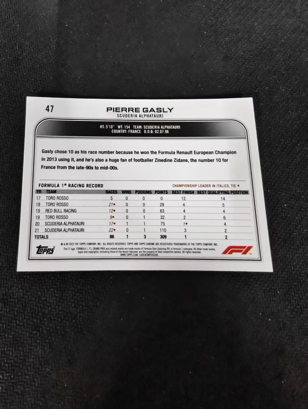 2022 Topps Chrome F1 Pierre Gasly 皮埃尔 加斯利 小红牛 划痕 边角瑕疵 #47