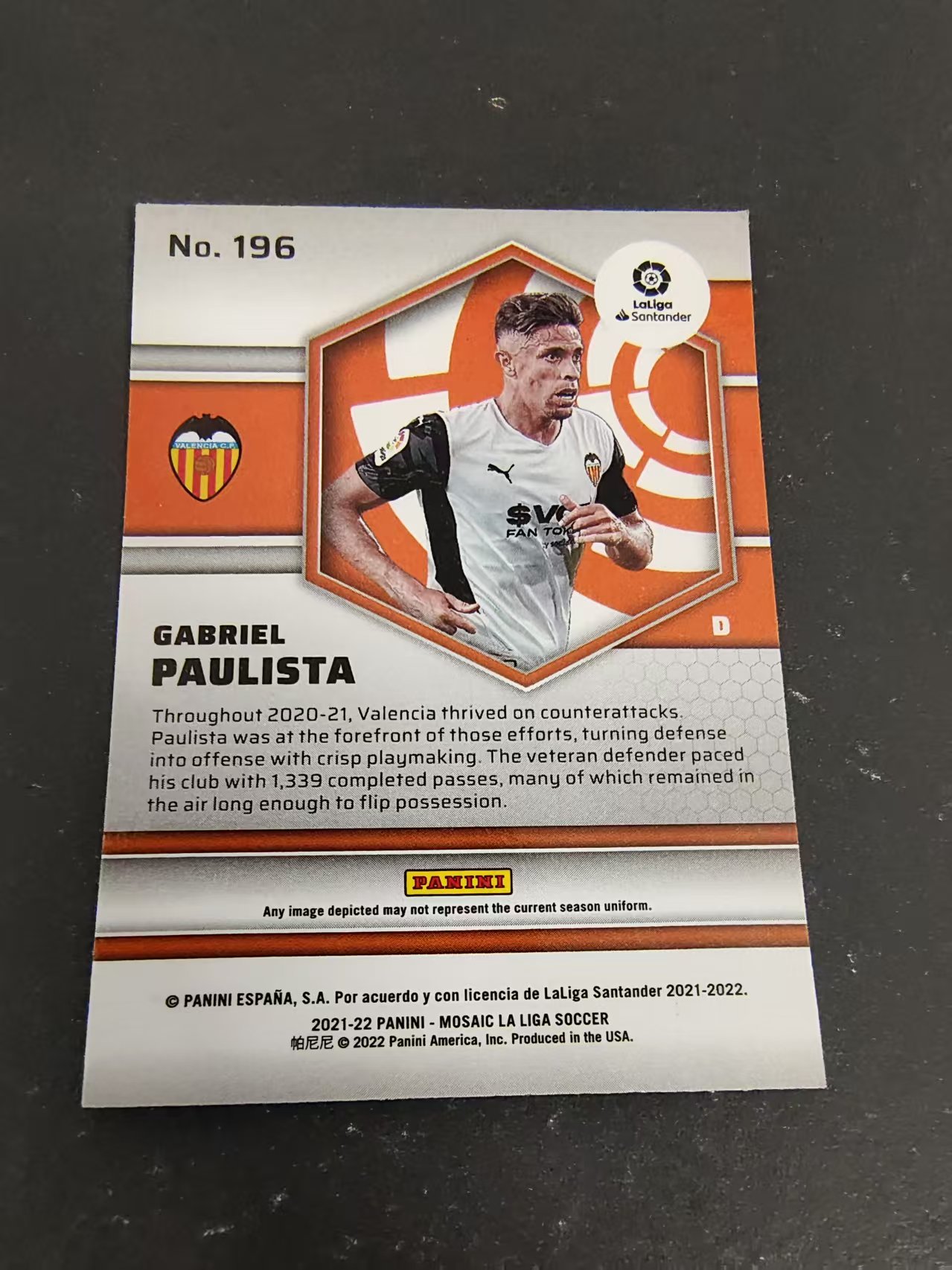 【可合并,不累计】2021-22 Panini Mosaic Gabriel Paulista 马赛克 西甲 瓦伦西亚队 加布里埃尔保利斯塔 划痕 边角瑕疵 #196