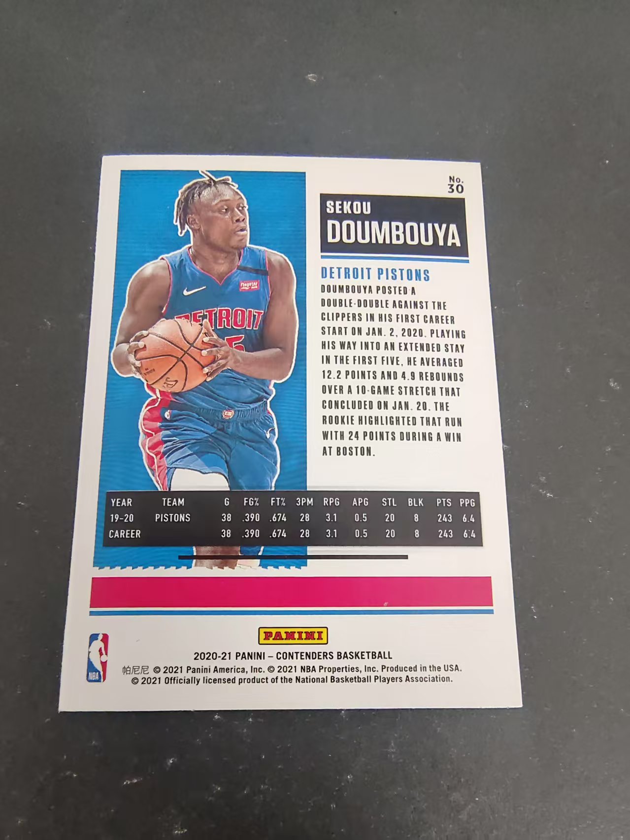 【可合并,不累计】2020-21 Panini Contenders Sekou Doumbouya 塞古 敦布亚 活塞 球票 边角瑕疵 #30