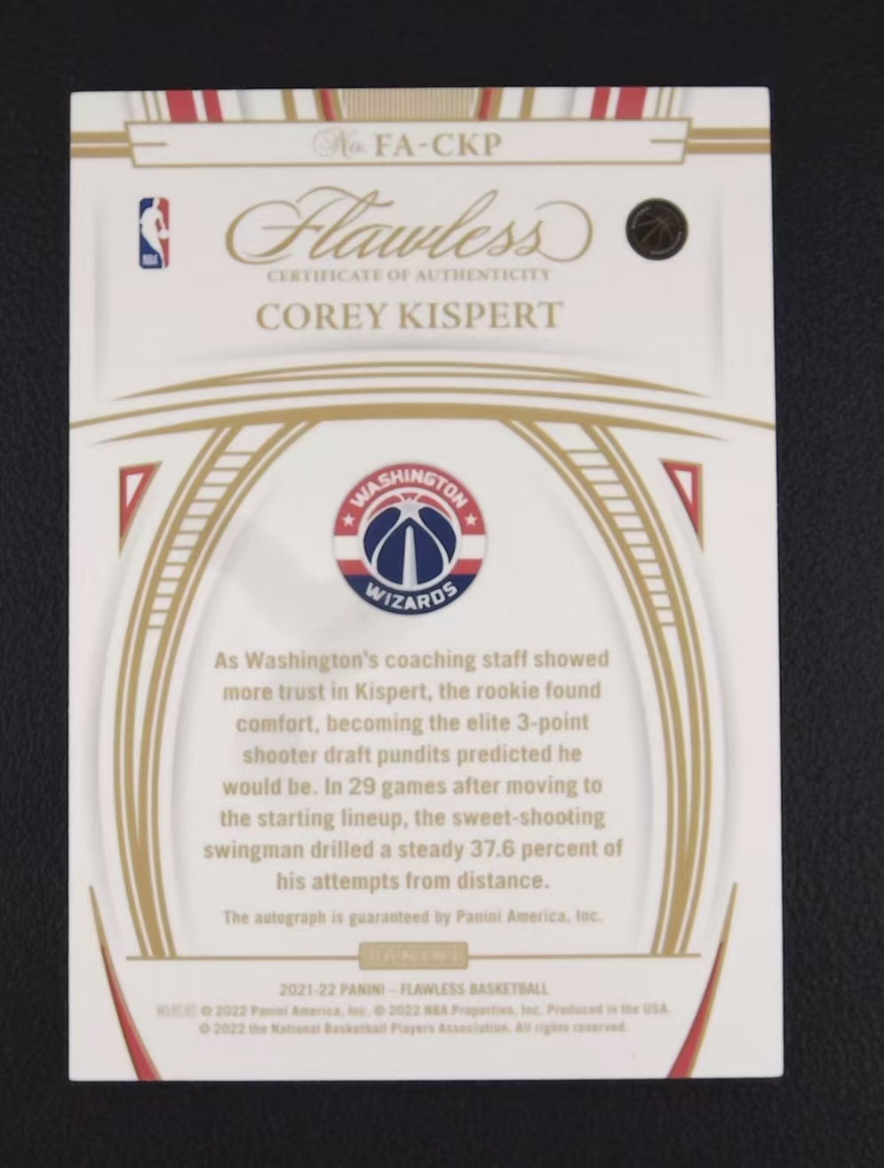 2021-22 Panini Flawless Corey Kispert RC 手提 高端系列 华盛顿奇才 新秀 基斯珀特 签字 卡签 9/10编 金平行 卡品如图 收藏必备