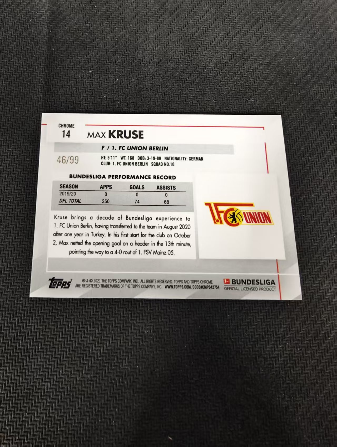 【可合并,不累计】2021 Topps Chrome Max Kruse 德甲TC 柏林联合 马克思 克鲁泽 绿折 99编