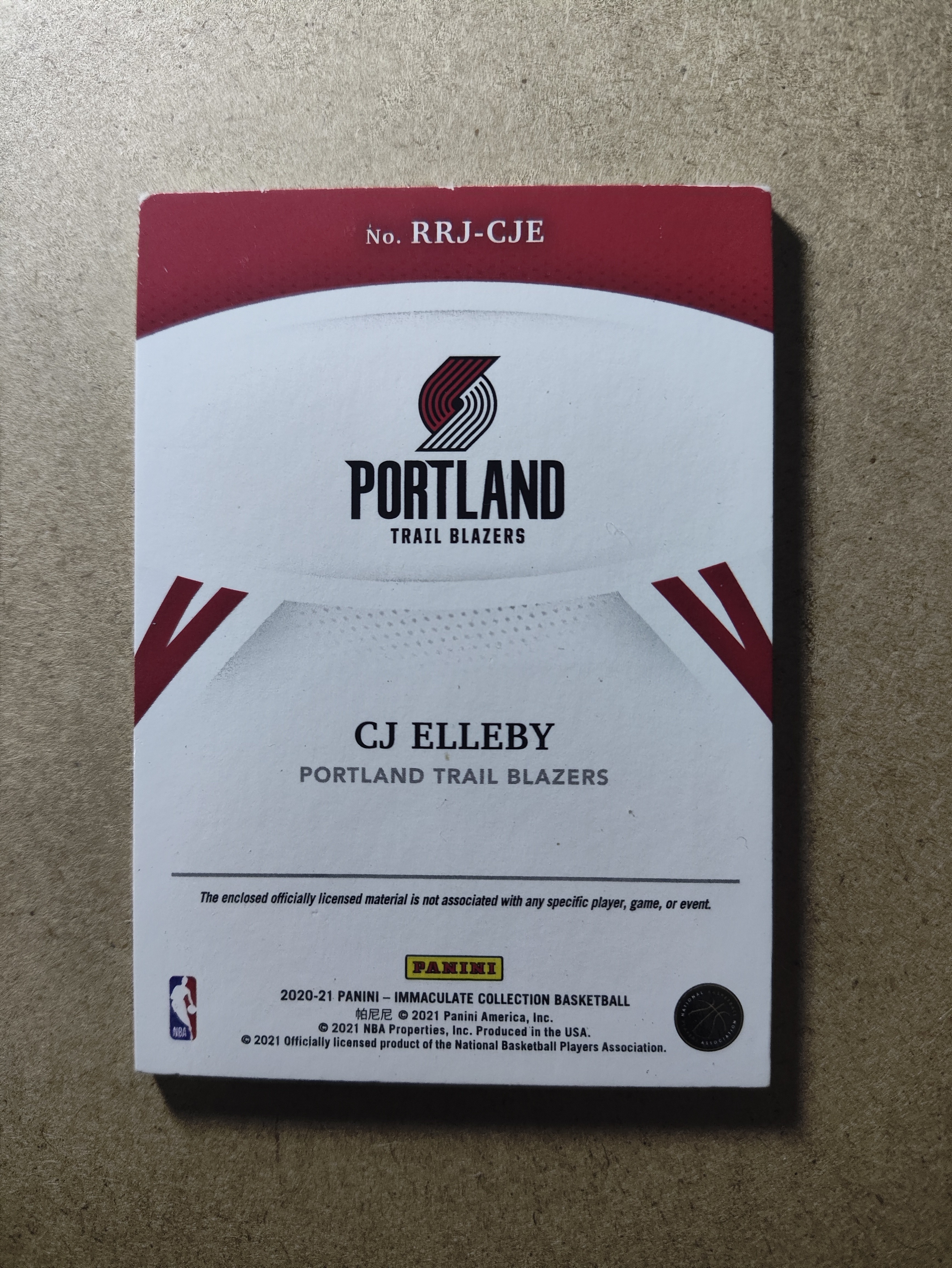 2020-21 Panini Immaculate CJ Elleby RC 波特兰开拓者 cj 埃勒比 RC 新秀 球衣 物料切割 99编 爱咪咪 卡品瑕疵如图 收藏必备