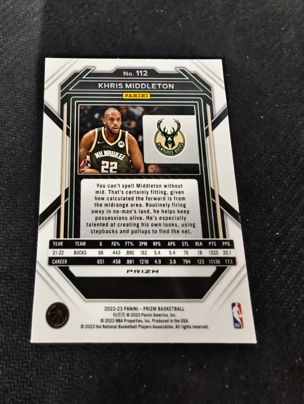 2022-23 Panini Prizm Khris Middleton 雄鹿 克里斯 米德尔顿 红波纹 PZ 划痕 边角瑕疵 #112