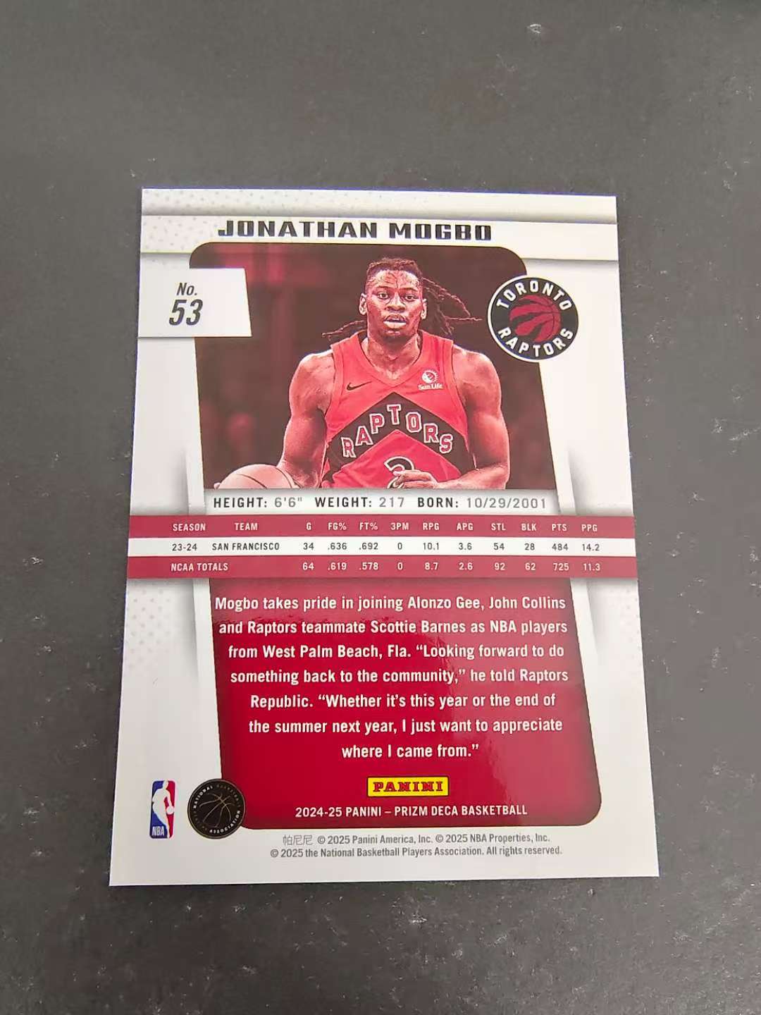 【可合并,不累计】2024-25 Panini Prizm Jonathan Mogbo RC 乔纳森 莫格博 猛龙新秀 pz deca 复古 划痕 边角瑕疵 #53