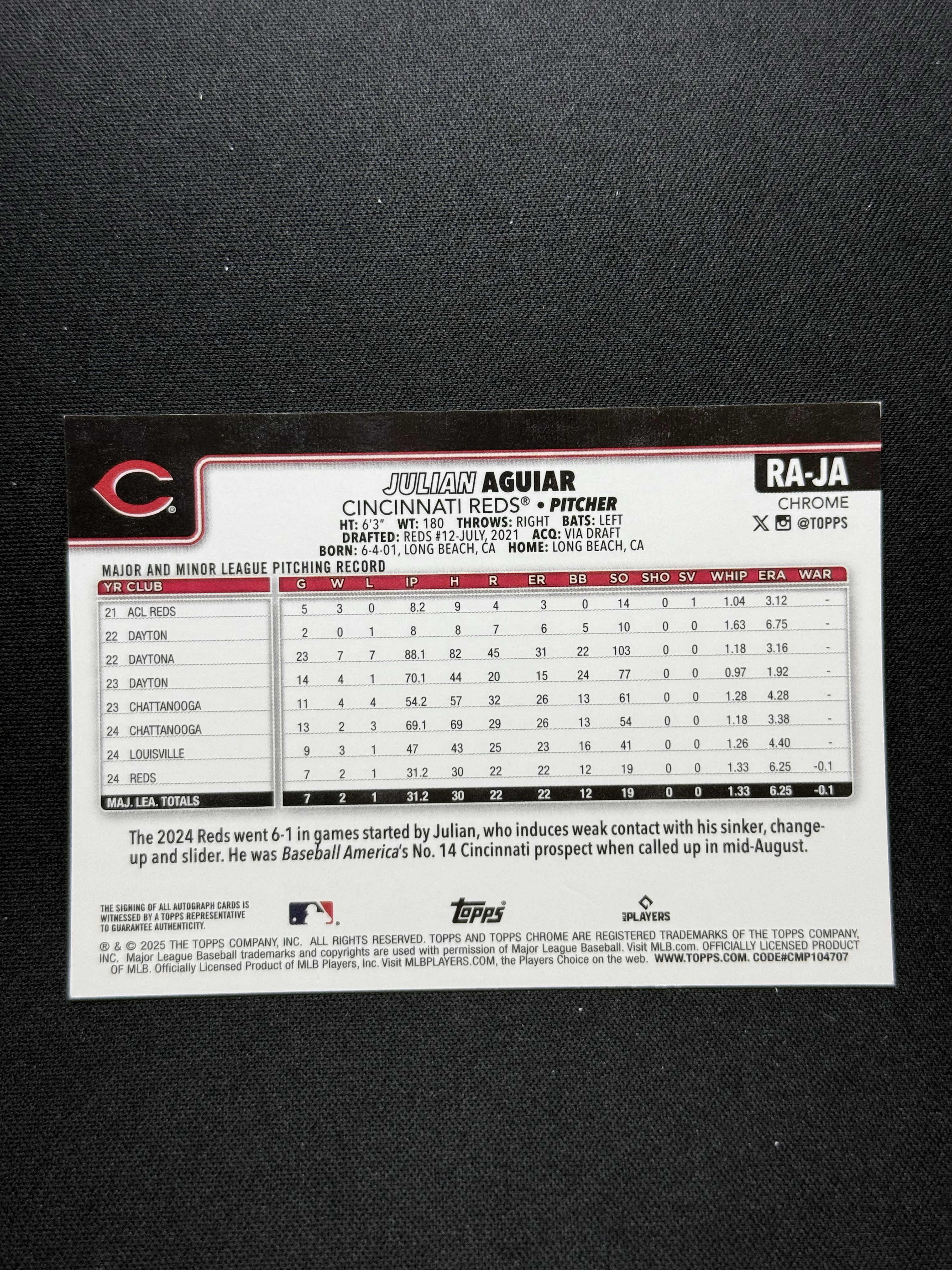 2025 Topps Chrome Julian Aguiar RC 【小贝代拍】棒球 MLb 新秀 阿吉亚尔 辛辛那提红人 签字 卡签 瑕疵如图 拍前看描述 H EW